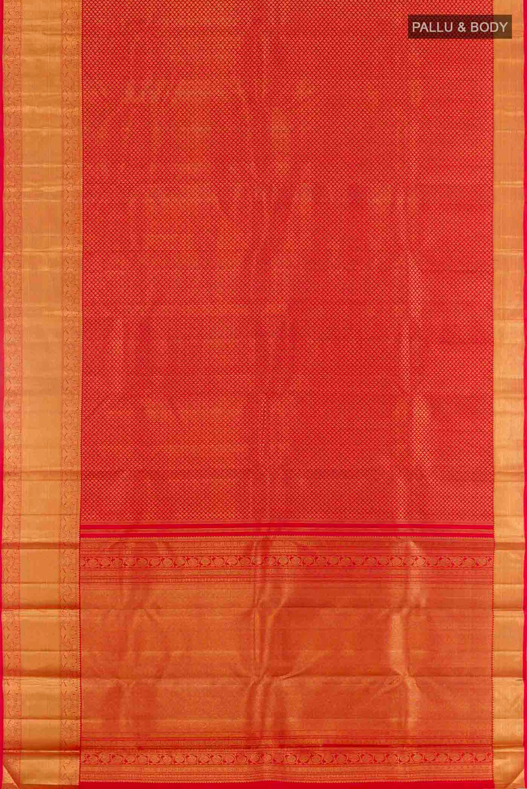 Flat view of Pure Silk Pure Zari Red Kanchipuram Saree with Zari Butta on the body and Zari Border