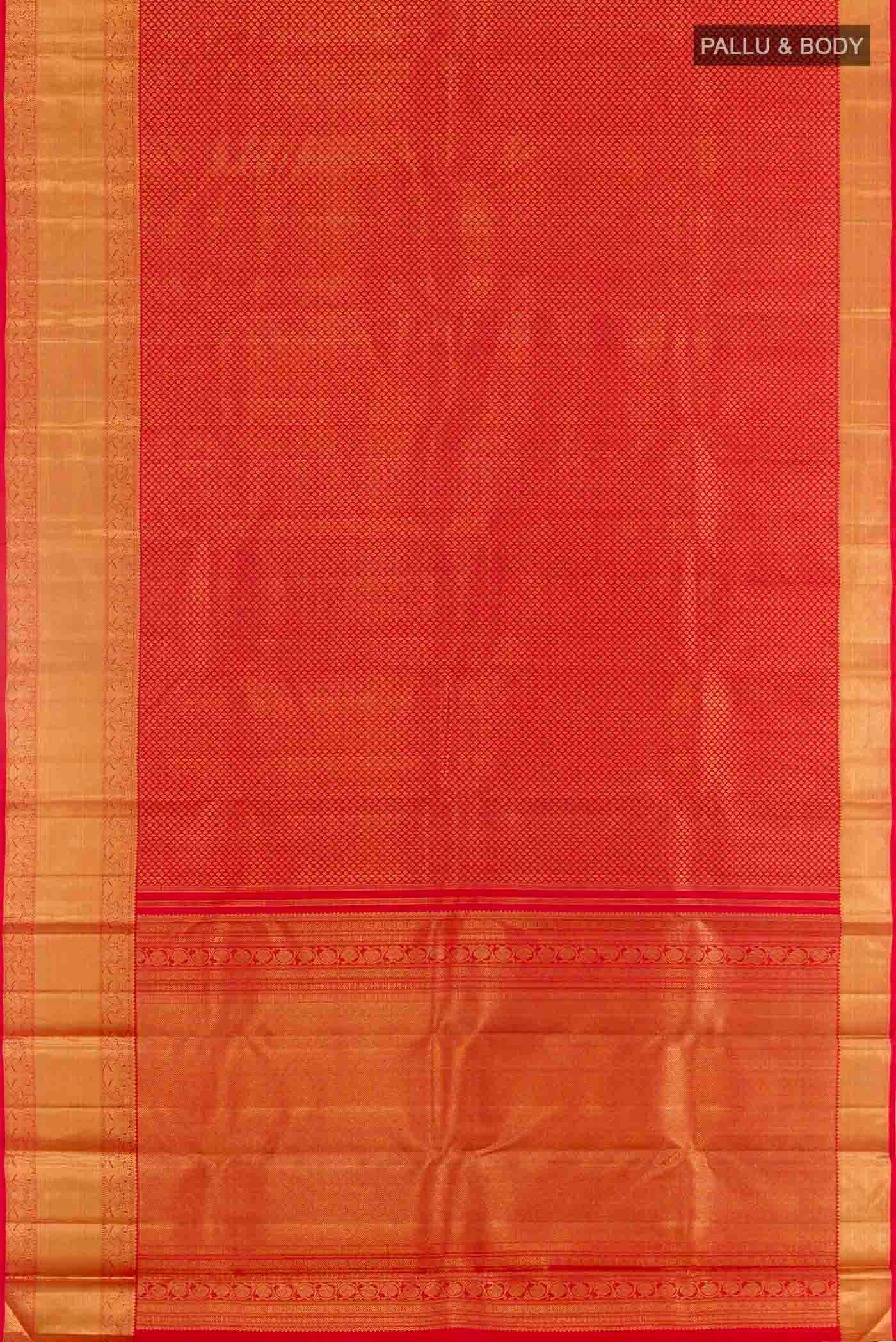 Flat view of Pure Silk Pure Zari Red Kanchipuram Saree with Zari Butta on the body and Zari Border
