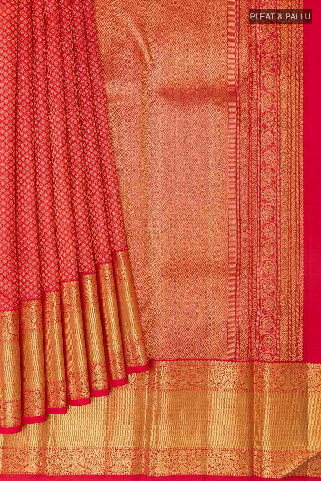 Pleats and pallu of Pure Silk Pure Zari Red Kanchipuram Saree with Zari Butta on the body and Zari Border