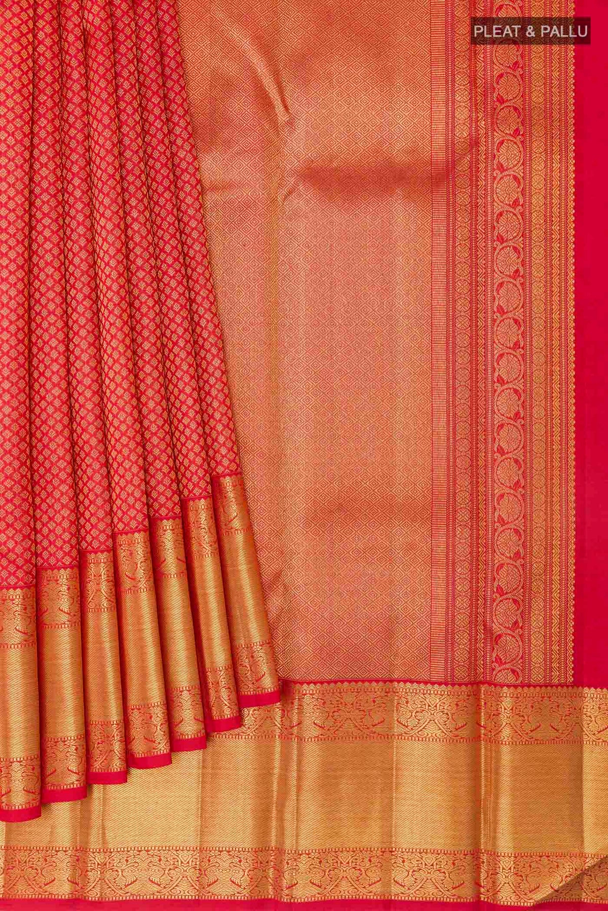 Pleats and pallu of Pure Silk Pure Zari Red Kanchipuram Saree with Zari Butta on the body and Zari Border