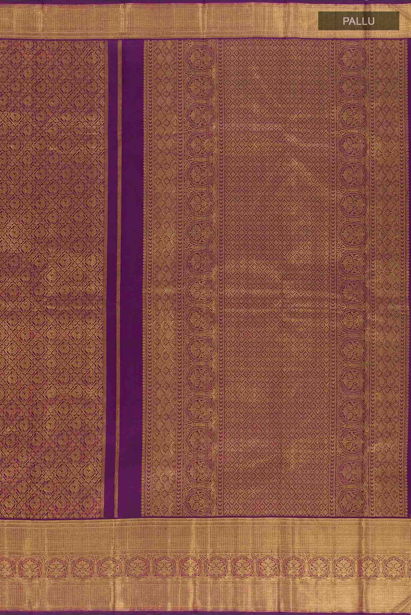 Close up image of the pallu of Pure Silk Pure Zari Purple Kanchipuram Saree with Zari Brocade on the body and Zari Border