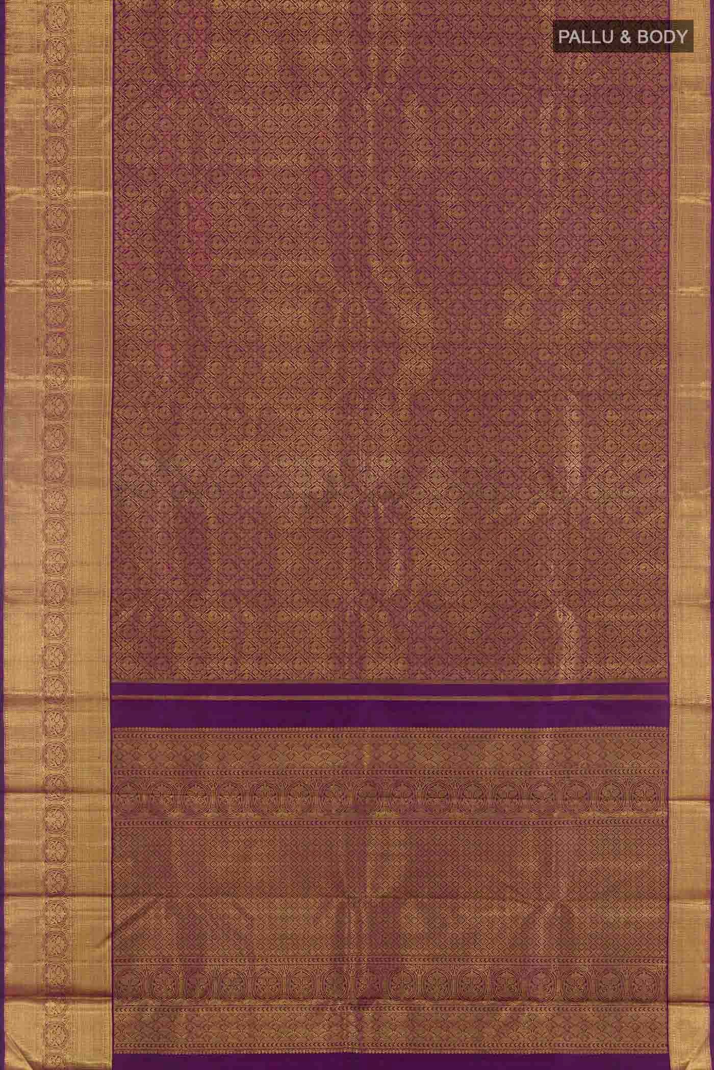 Flat view of Pure Silk Pure Zari Purple Kanchipuram Saree with Zari Brocade on the body and Zari Border