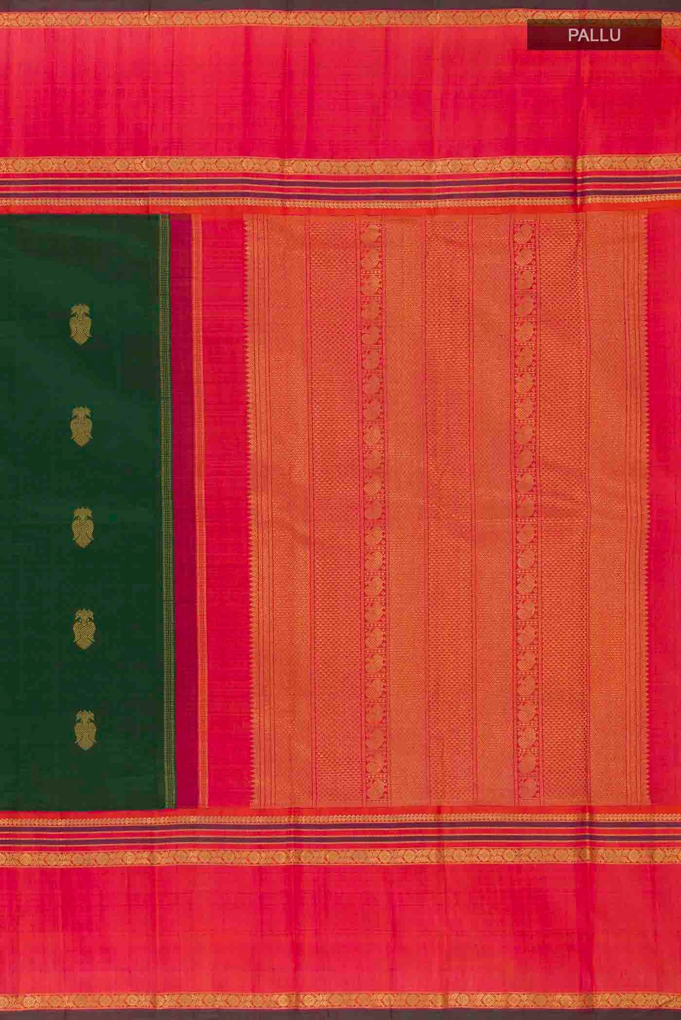Close up image of the pallu of Green Kanchipuram Silk Saree with Zari Butta on the body and Zari Border