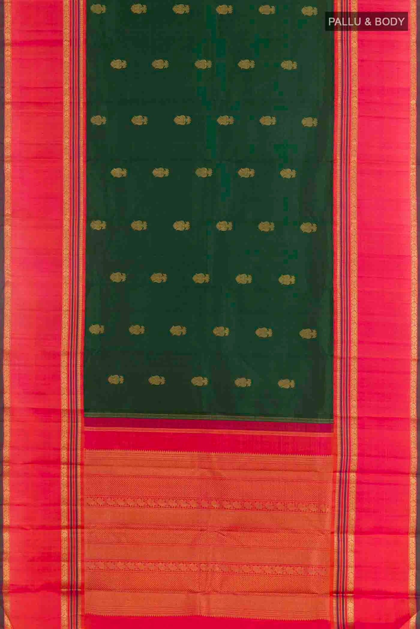Flat view of Green Kanchipuram Silk Saree with Zari Butta on the body and Zari Border