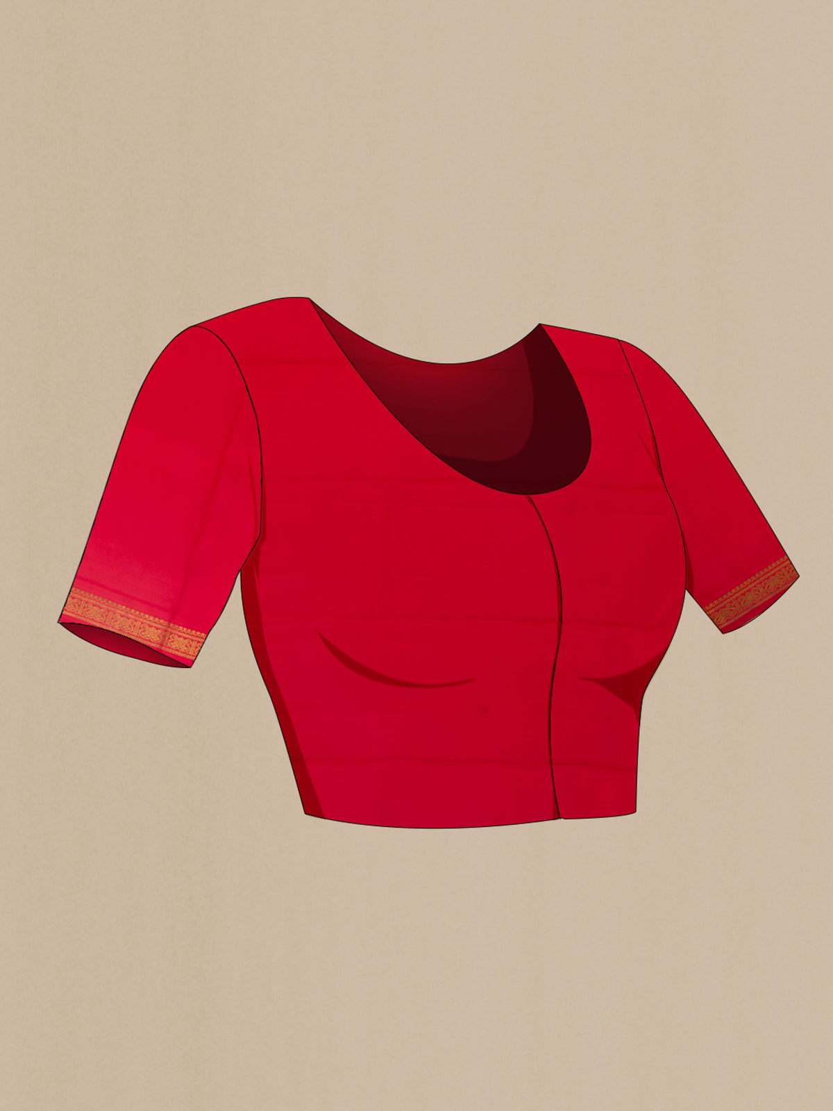 Close up image of the blouse of Pure Silk Pure Zari Red Kanchipuram Saree with Zari Brocade on the body and Zari Border. 