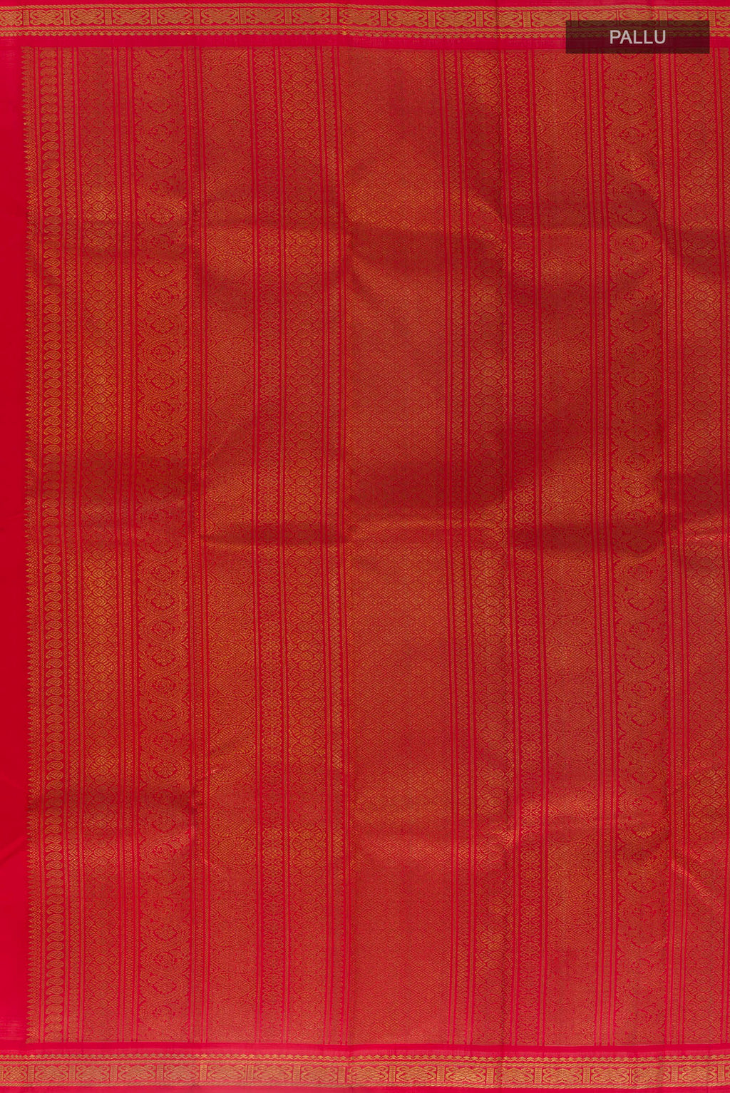 Close up image of the pallu of Pure Silk Pure Zari Red Kanchipuram Saree with Zari Brocade on the body and Zari Border. 
