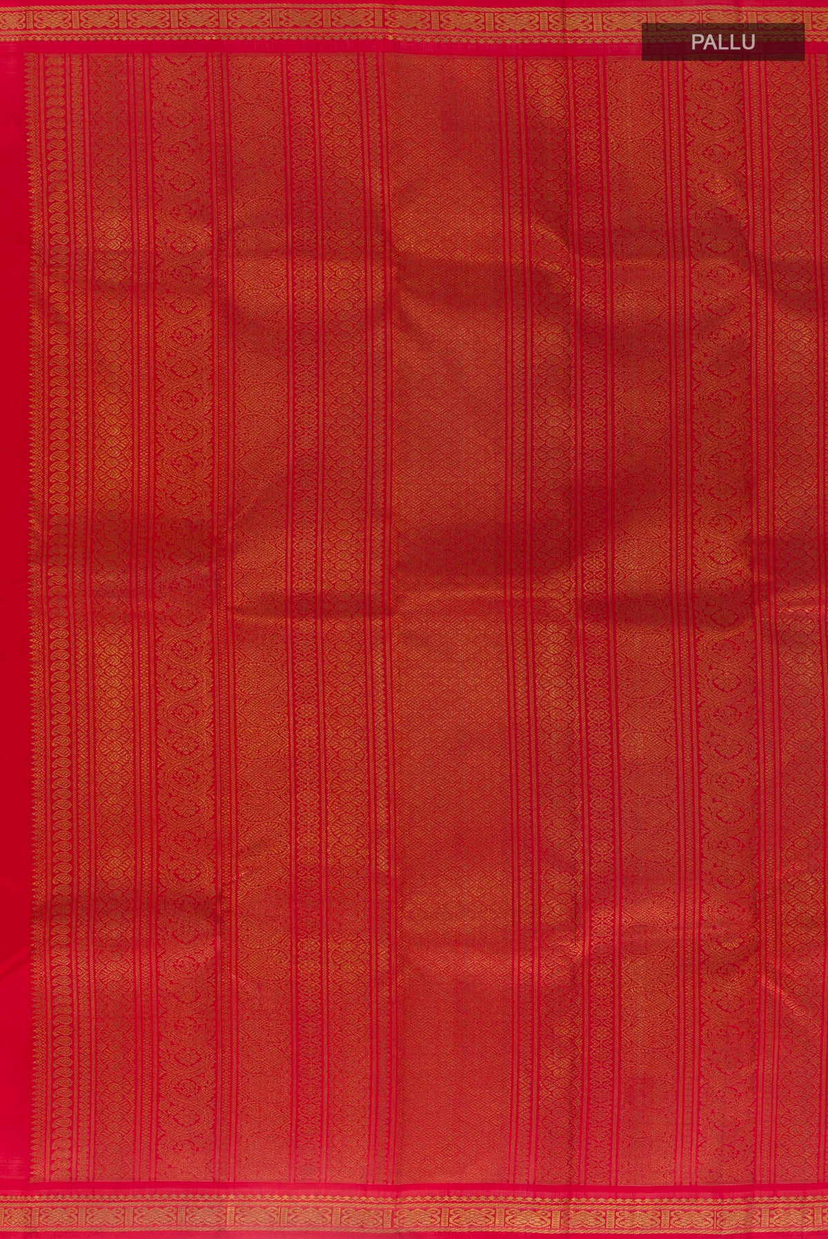 Close up image of the pallu of Pure Silk Pure Zari Red Kanchipuram Saree with Zari Brocade on the body and Zari Border. 