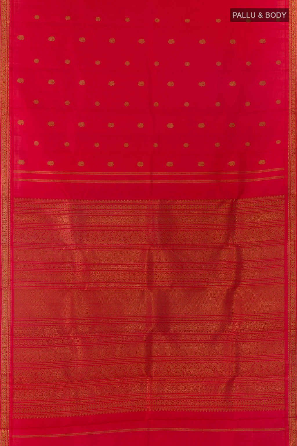Flat view of Pure Silk Pure Zari Red Kanchipuram Saree with Zari Brocade on the body and Zari Border. 