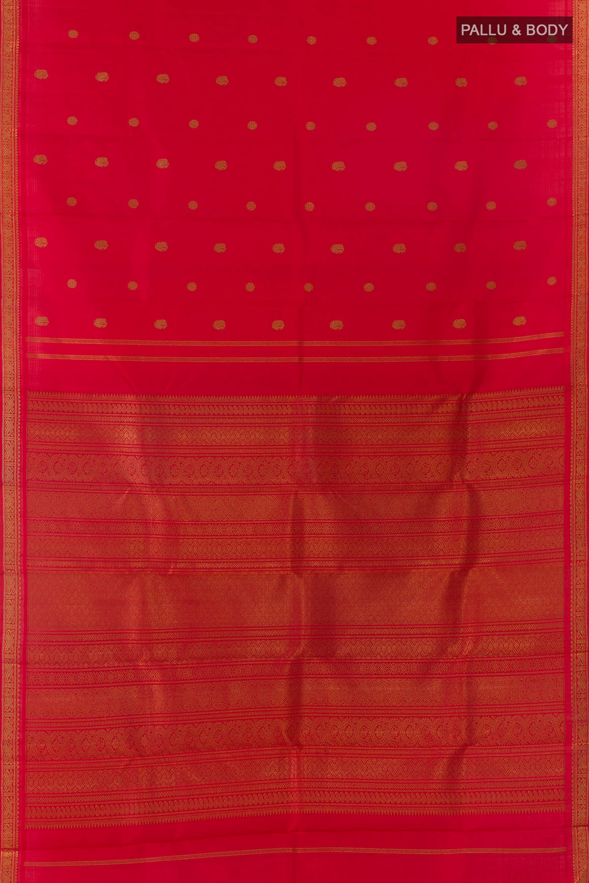 Flat view of Pure Silk Pure Zari Red Kanchipuram Saree with Zari Brocade on the body and Zari Border. 