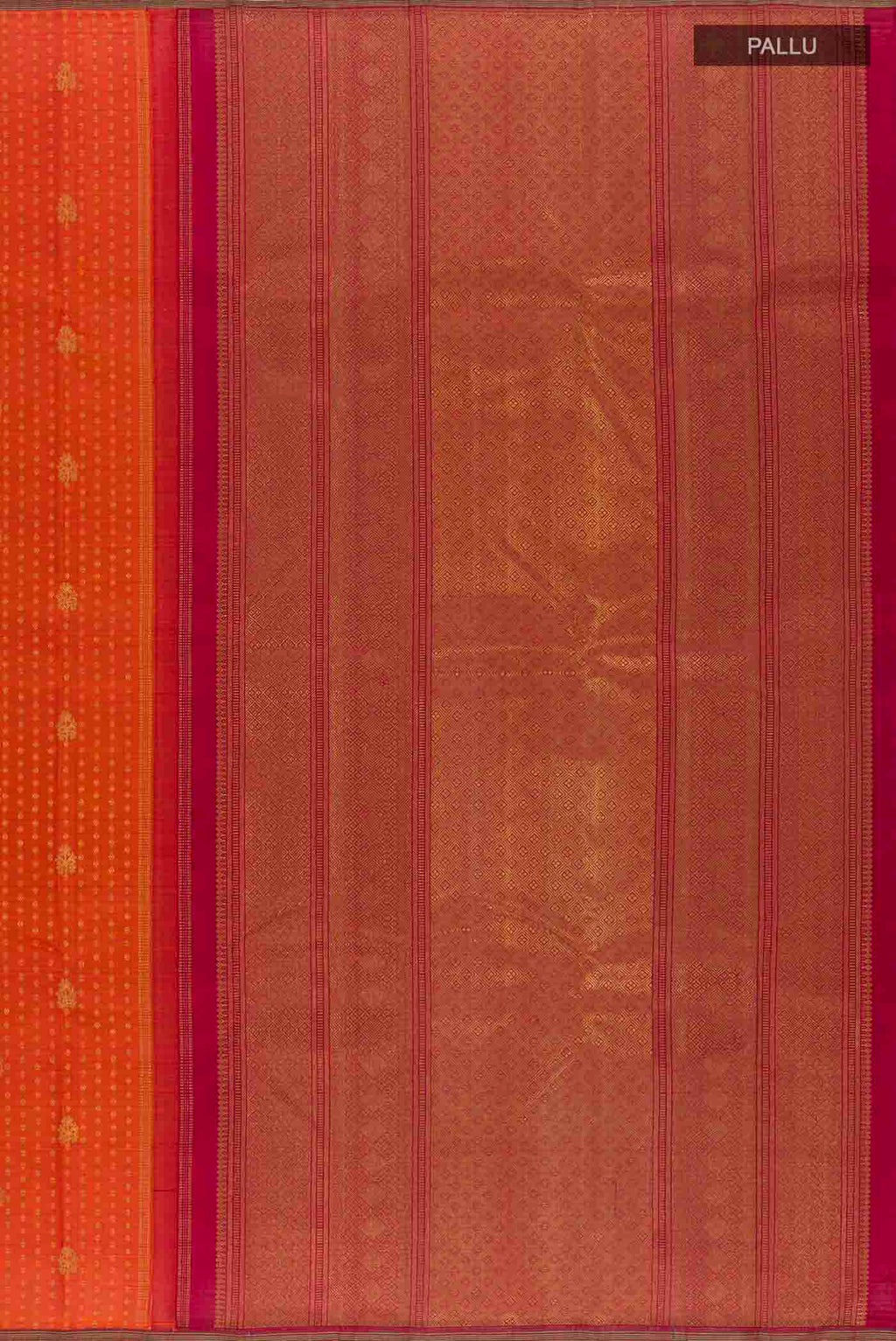 Close up image of the pallu of Orange Kanchipuram Silk Saree with Zari Butta on the body and Zari Border
