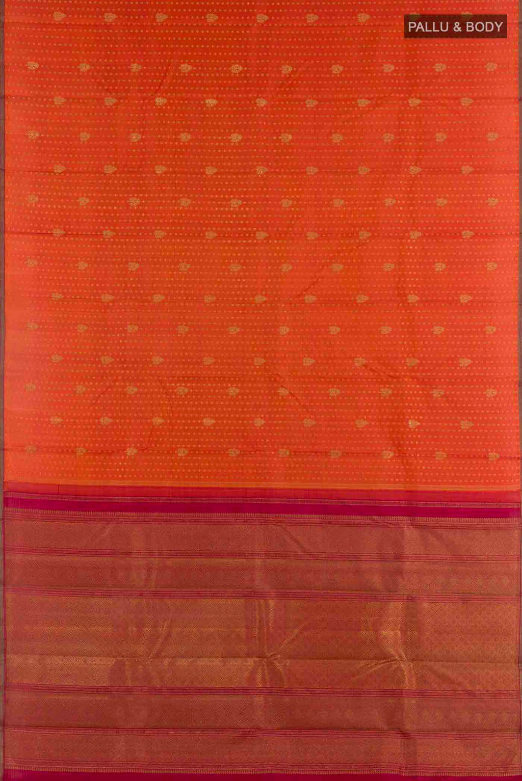 Flat view of Orange Kanchipuram Silk Saree with Zari Butta on the body and Zari Border