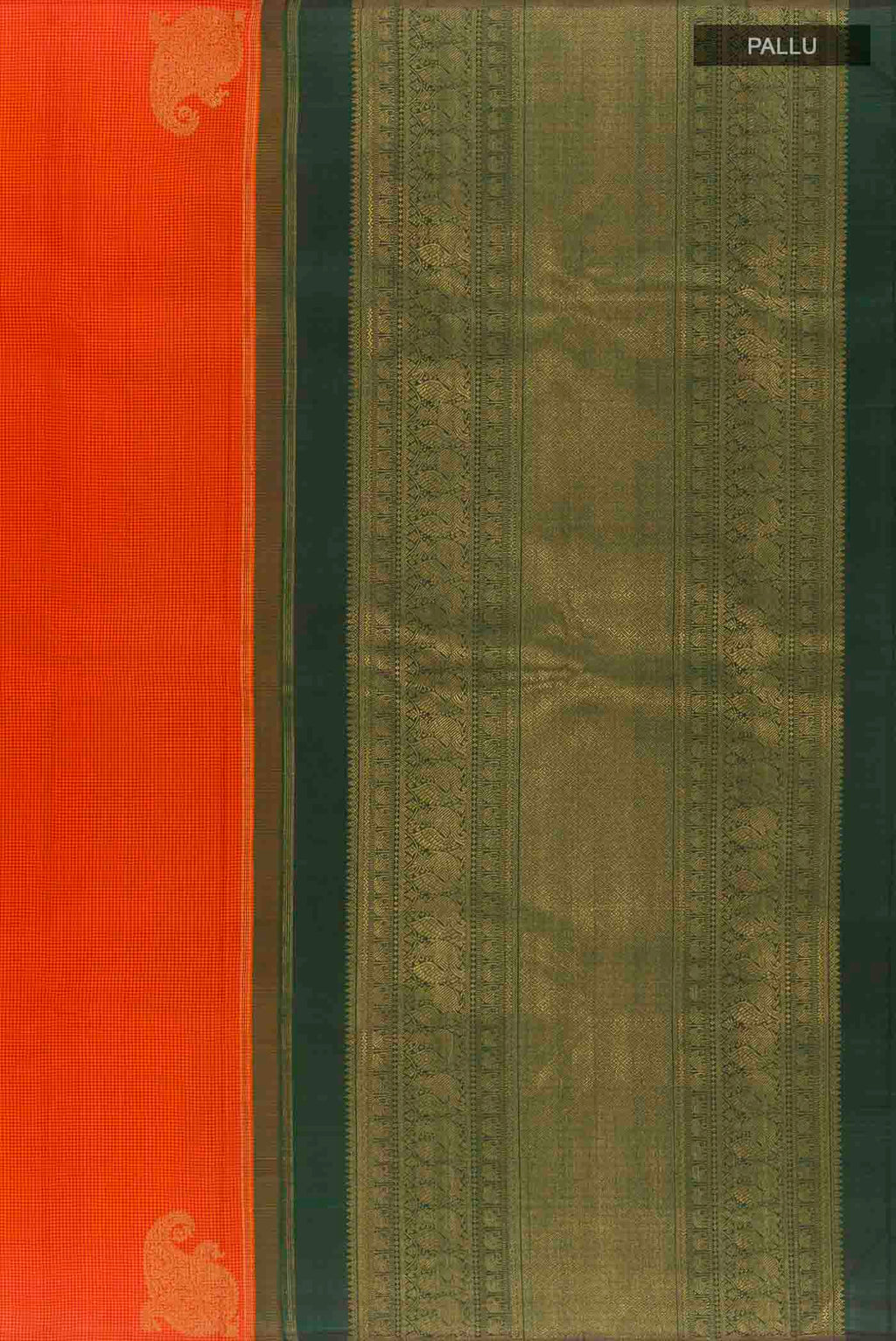 Close up image of the pallu of Orange Kanchipuram Silk Saree with Checked design on the body and Without Border