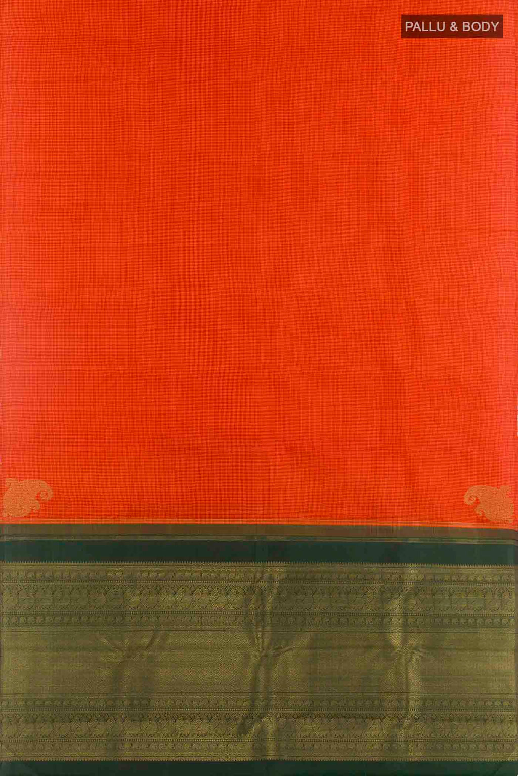 Flat view of Orange Kanchipuram Silk Saree with Checked design on the body and Without Border