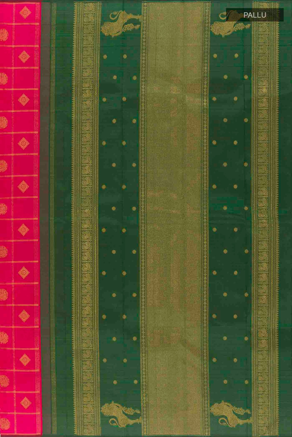 Close up image of the pallu of Pink Kanchipuram Silk Saree with Zari Butta on the body and Without Border