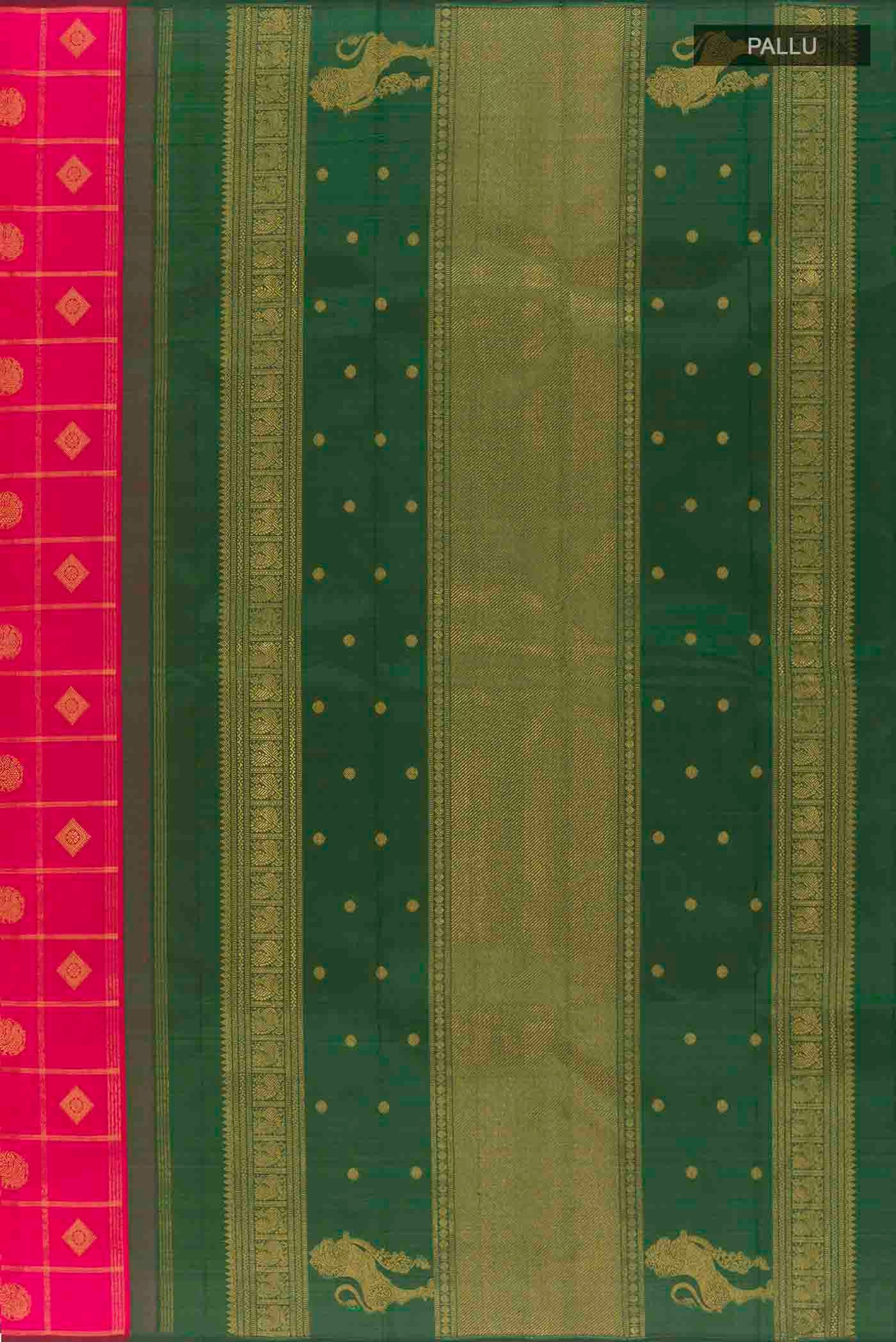 Close up image of the pallu of Pink Kanchipuram Silk Saree with Zari Butta on the body and Without Border