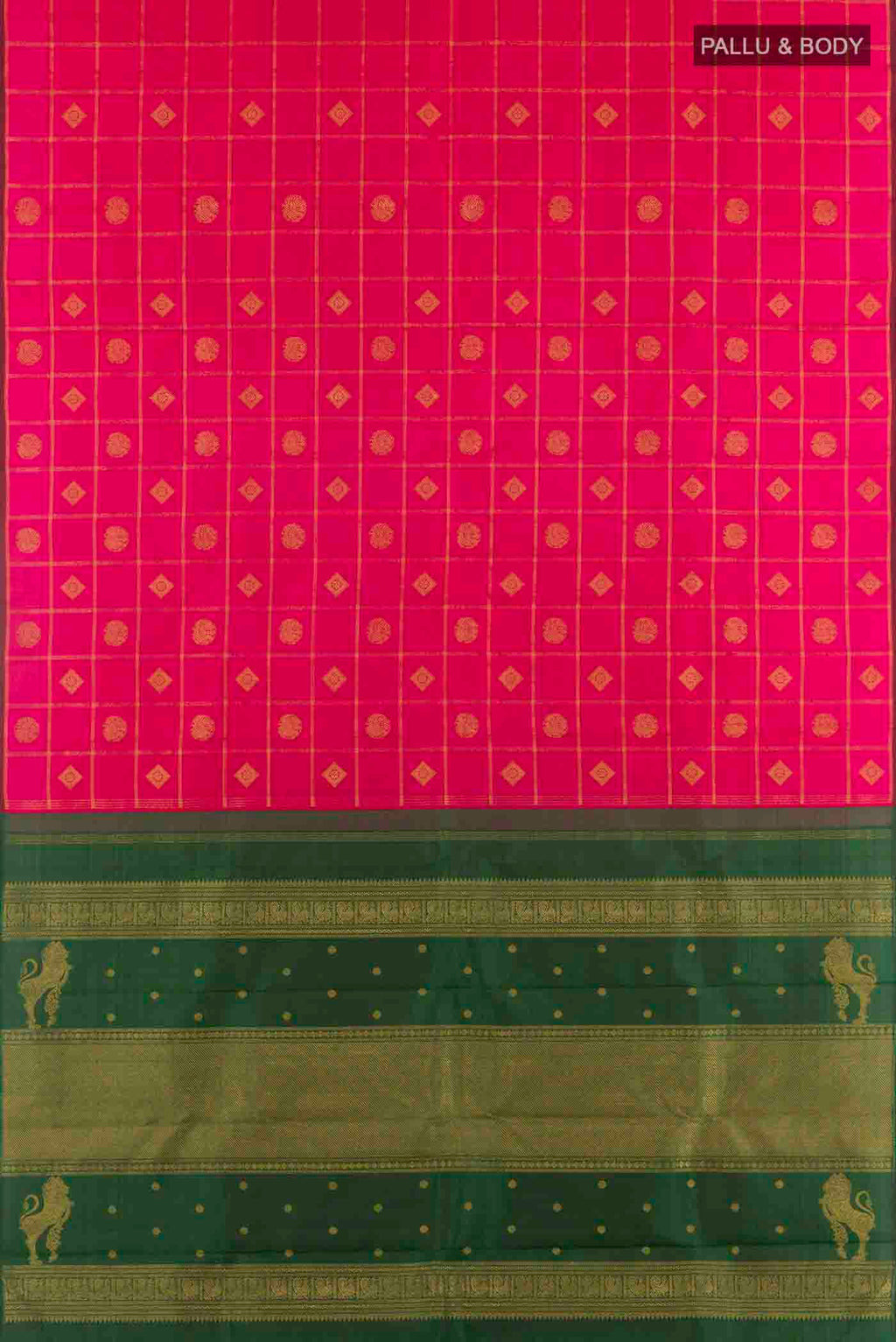 Flat view of Pink Kanchipuram Silk Saree with Zari Butta on the body and Without Border