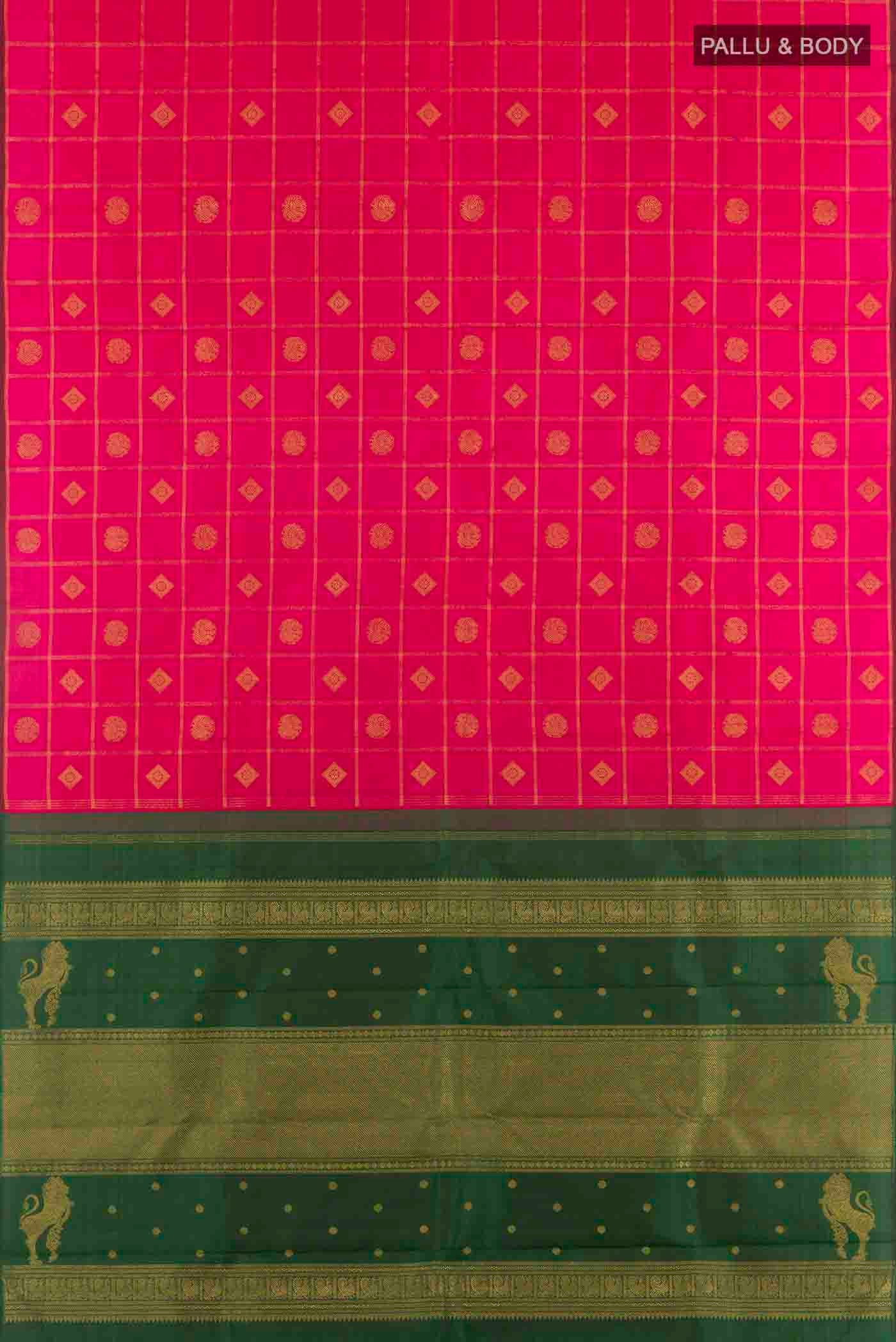 Flat view of Pink Kanchipuram Silk Saree with Zari Butta on the body and Without Border