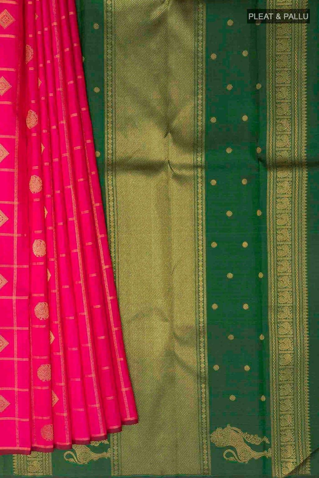 Pleats and pallu of Pink Kanchipuram Silk Saree with Zari Butta on the body and Without Border