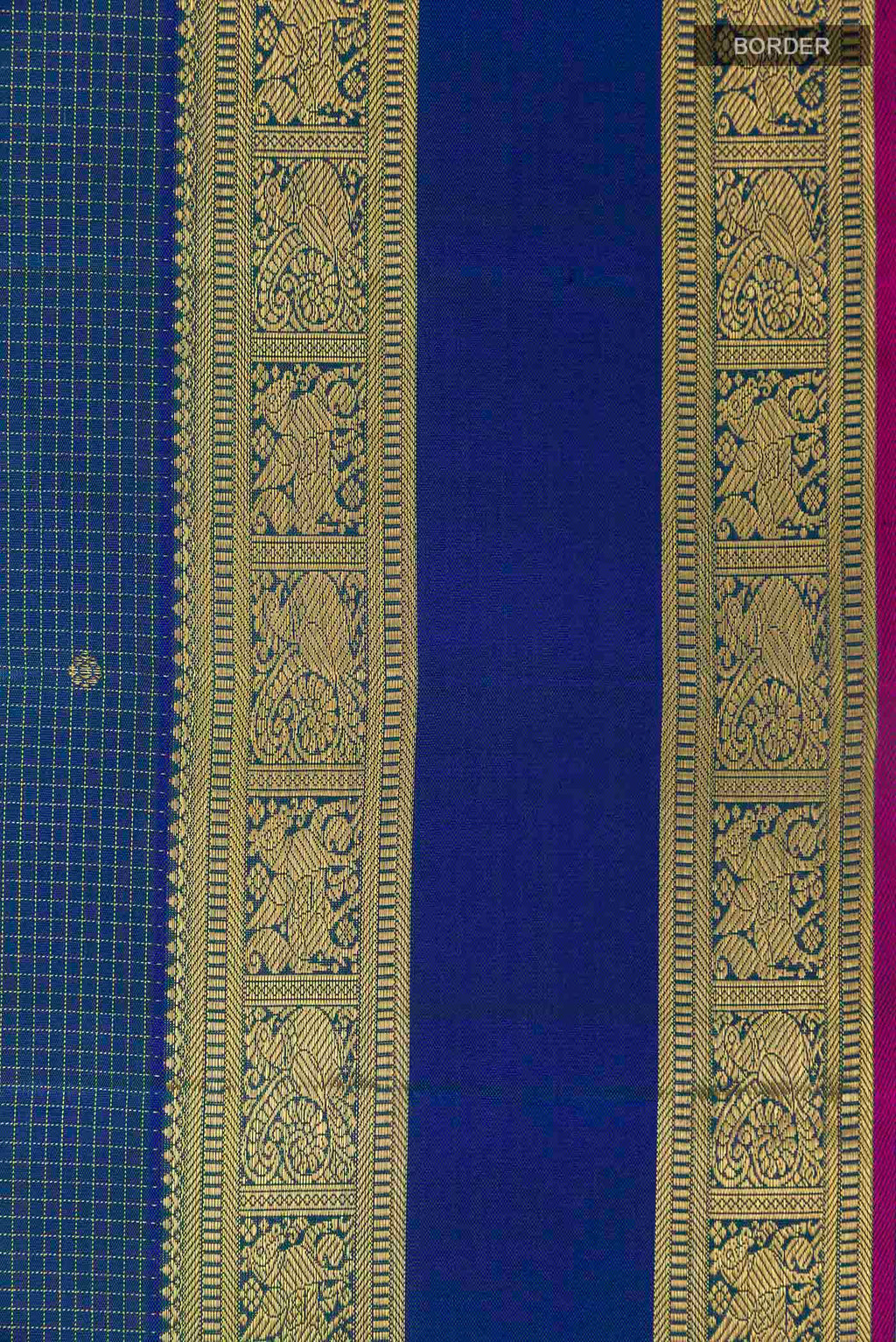 Border image of Pure Silk Pure Zari Peacock Blue Kanchipuram Saree with Zari Butta on the body and Zari Border