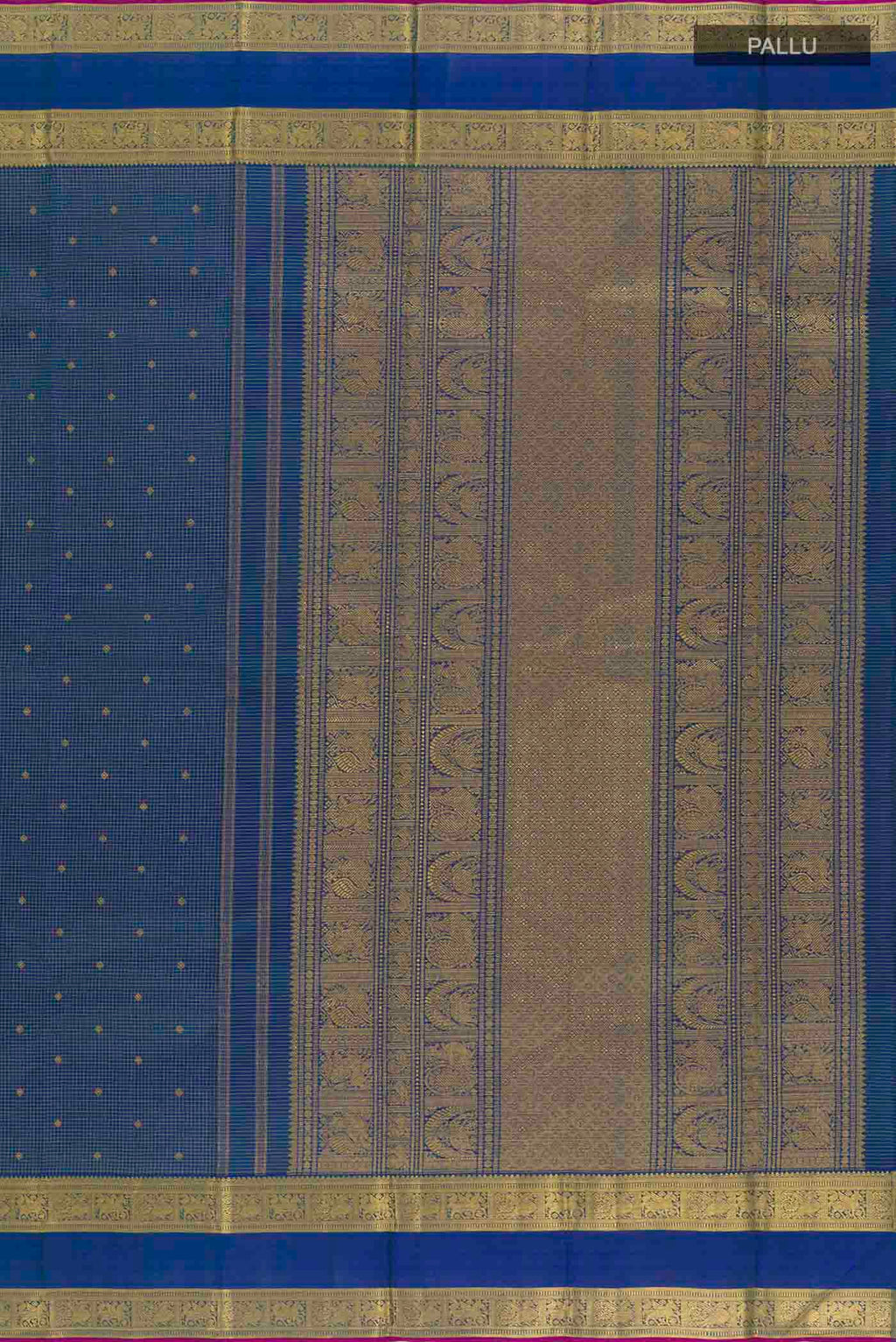 Close up image of the pallu of Pure Silk Pure Zari Peacock Blue Kanchipuram Saree with Zari Butta on the body and Zari Border