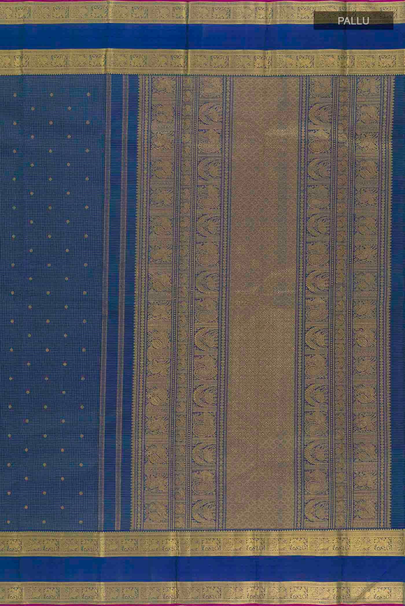 Close up image of the pallu of Pure Silk Pure Zari Peacock Blue Kanchipuram Saree with Zari Butta on the body and Zari Border