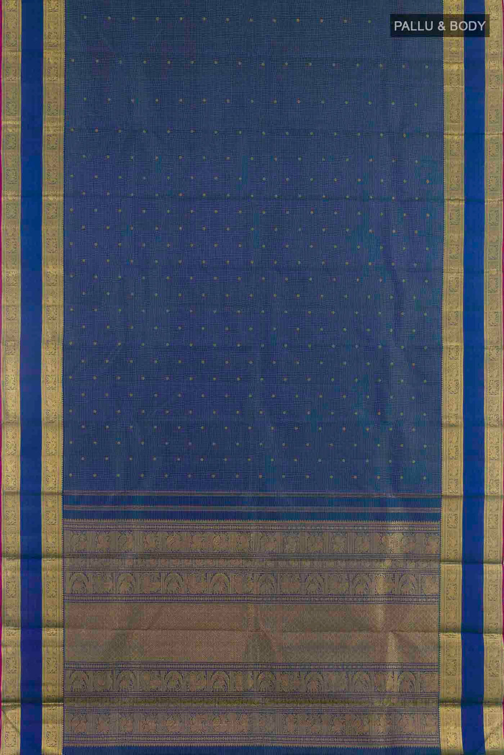 Flat view of Pure Silk Pure Zari Peacock Blue Kanchipuram Saree with Zari Butta on the body and Zari Border