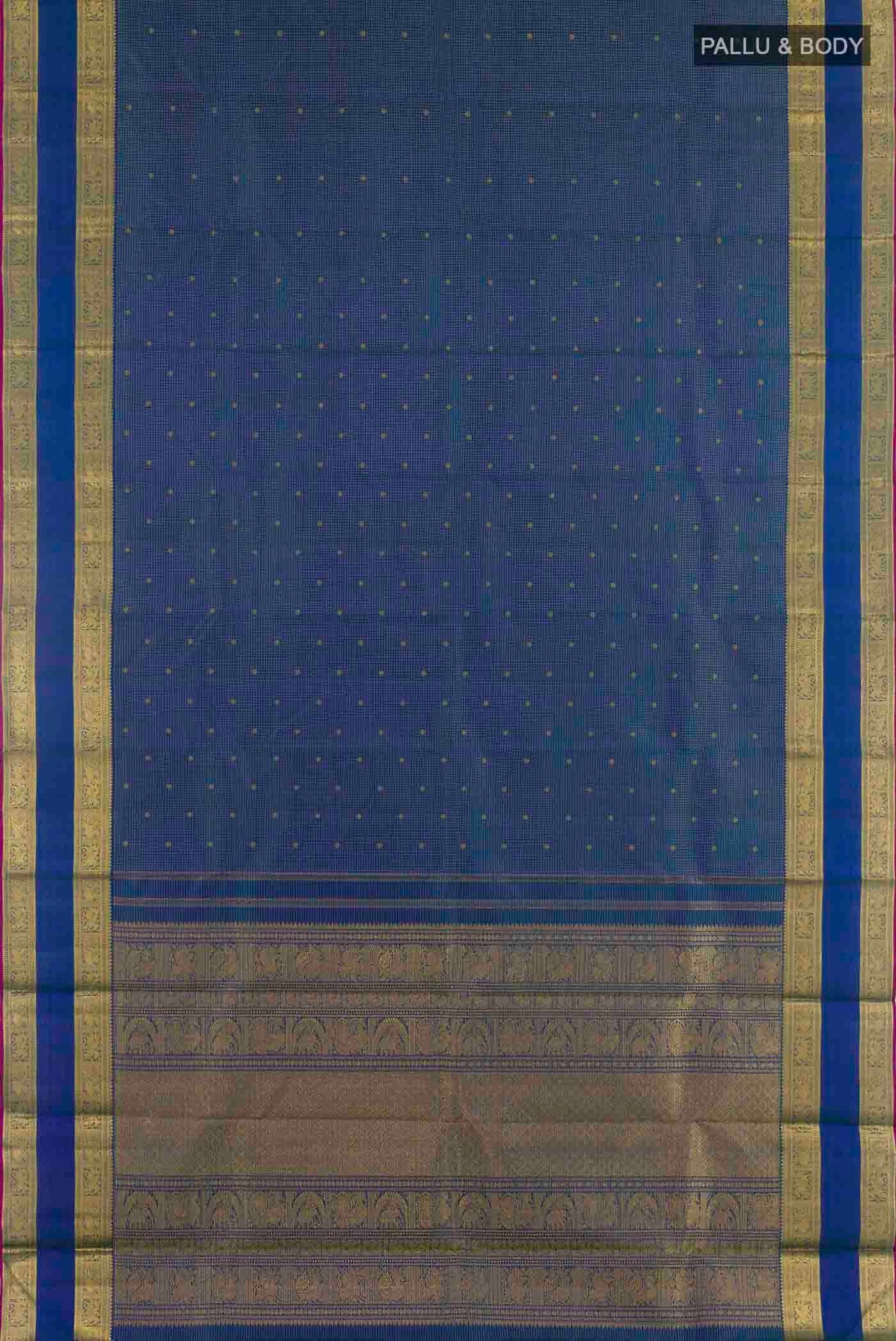Flat view of Pure Silk Pure Zari Peacock Blue Kanchipuram Saree with Zari Butta on the body and Zari Border