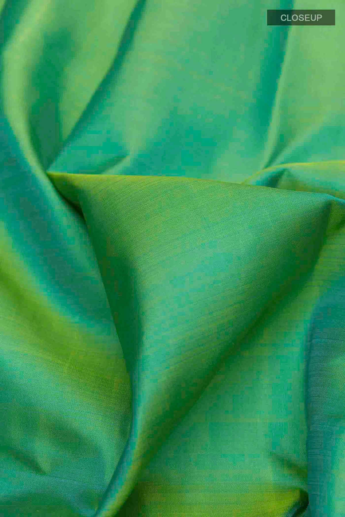 Close up of Green Kanchipuram Silk Saree with Plain Body and Zari Border displaying folds