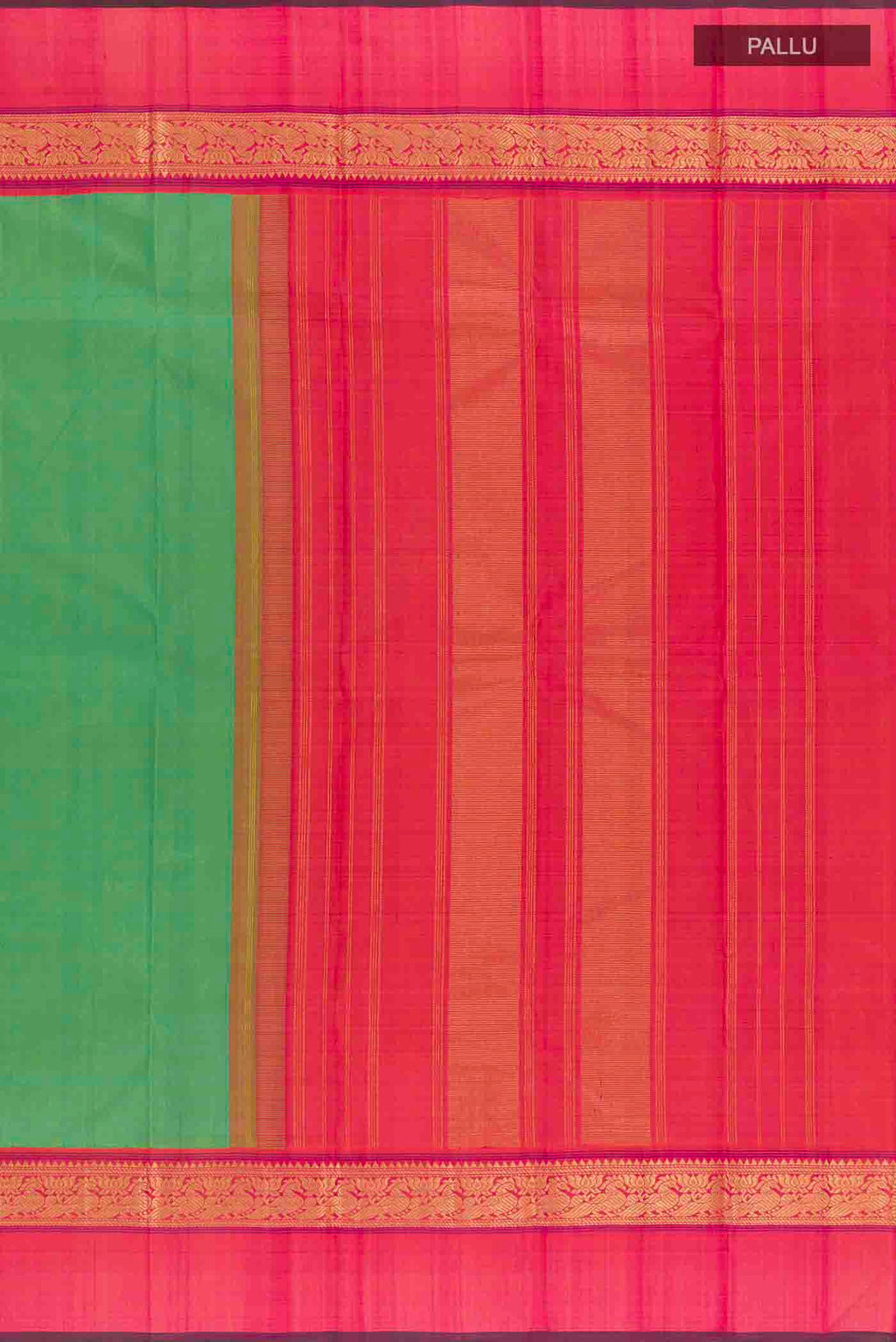 Close up image of the pallu of Green Kanchipuram Silk Saree with Plain Body and Zari Border