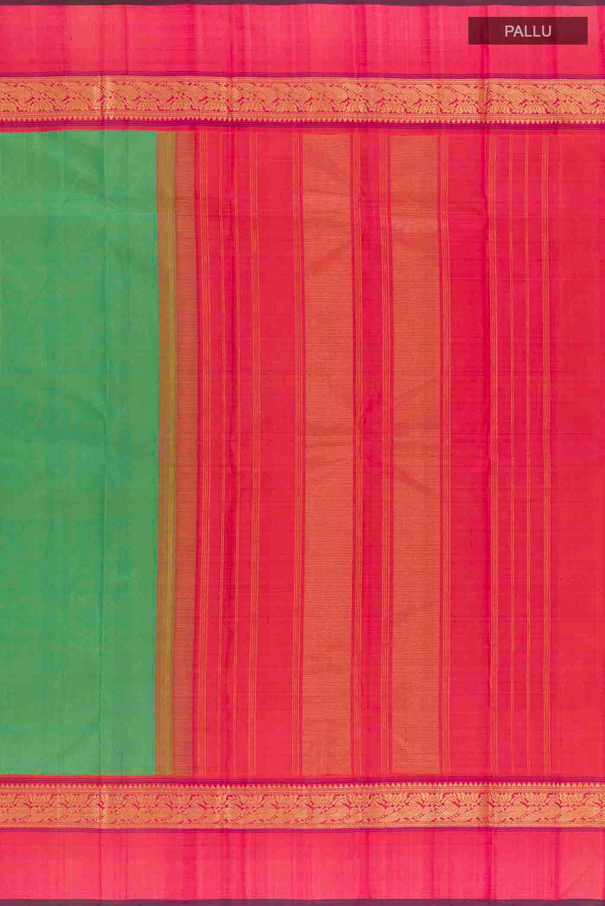 Close up image of the pallu of Green Kanchipuram Silk Saree with Plain Body and Zari Border