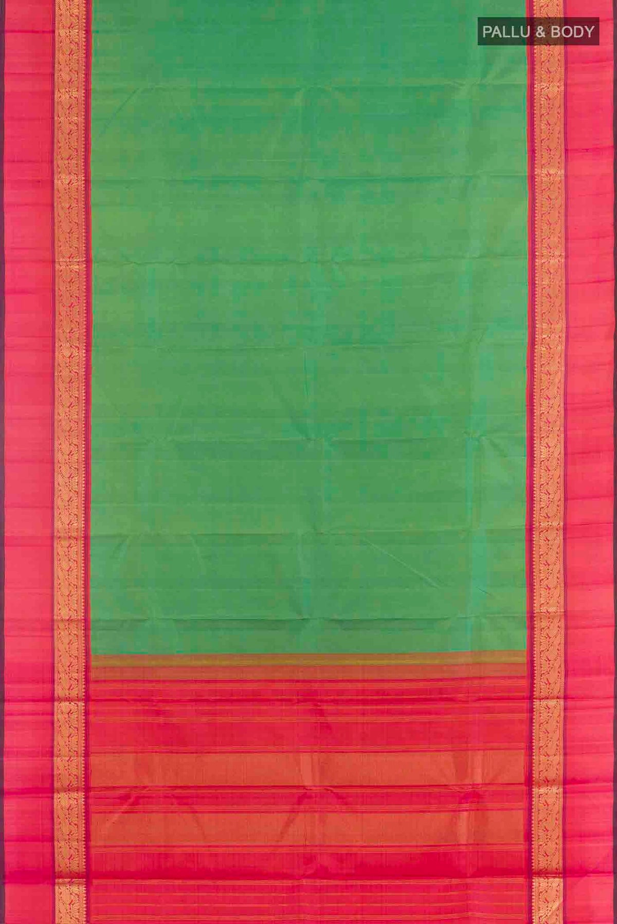 Flat view of Green Kanchipuram Silk Saree with Plain Body and Zari Border