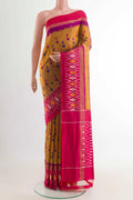 Mustard Pochampally Silk Saree with Pure Ikat on the body and Zari Border displayed on a mannequin