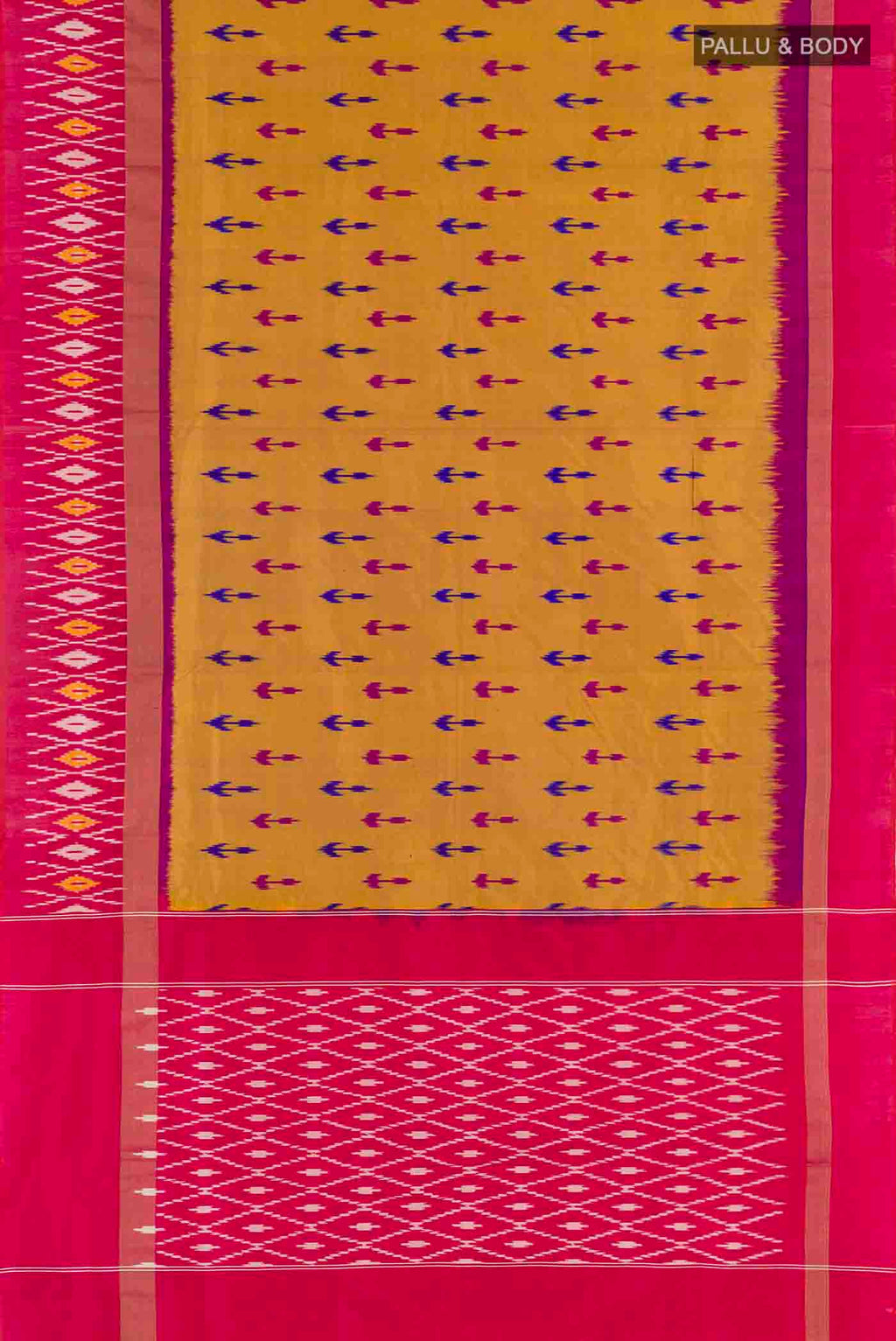 Flat view of Mustard Pochampally Silk Saree with Pure Ikat on the body and Zari Border