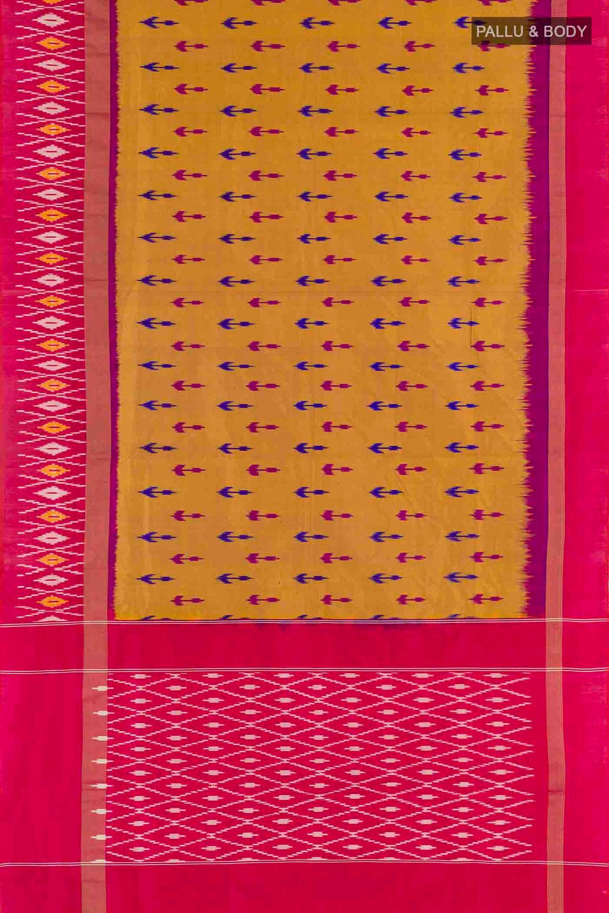 Flat view of Mustard Pochampally Silk Saree with Pure Ikat on the body and Zari Border