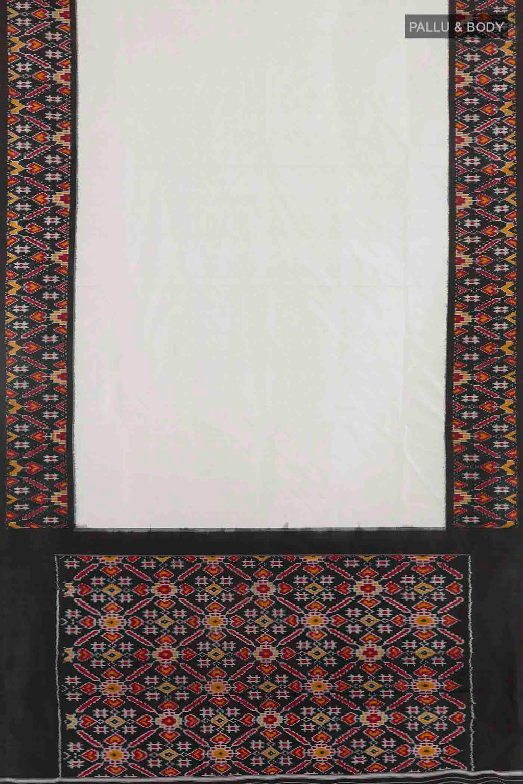 Flat view of White Pochampally Silk Saree with Zari Butta on the body and Ikat Border