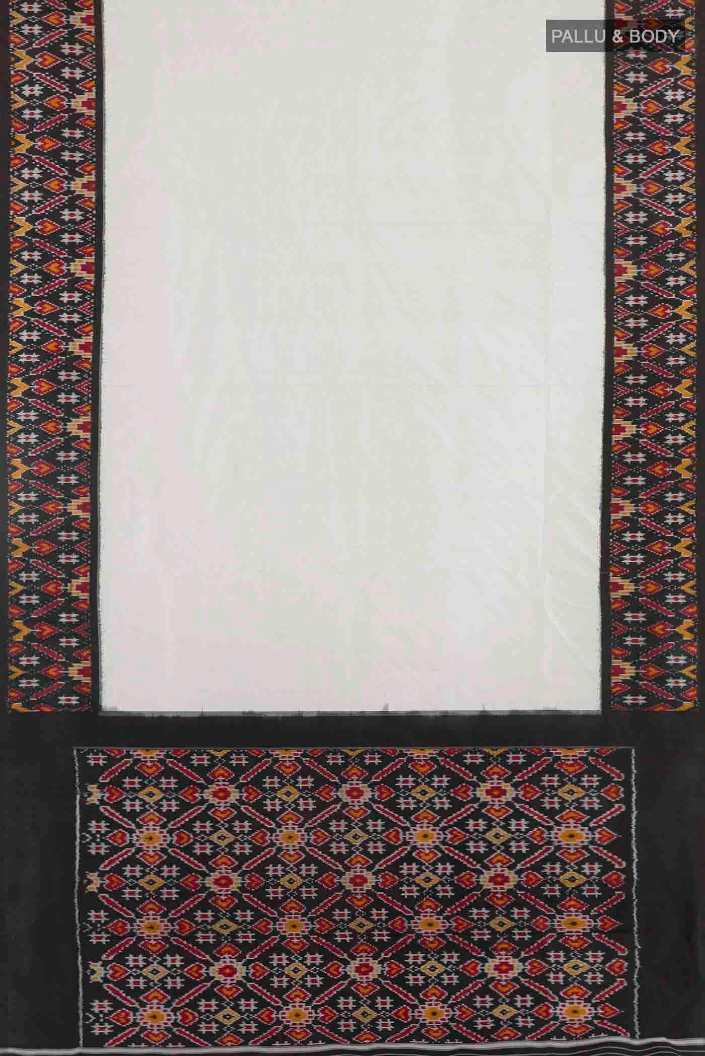 Flat view of White Pochampally Silk Saree with Zari Butta on the body and Ikat Border