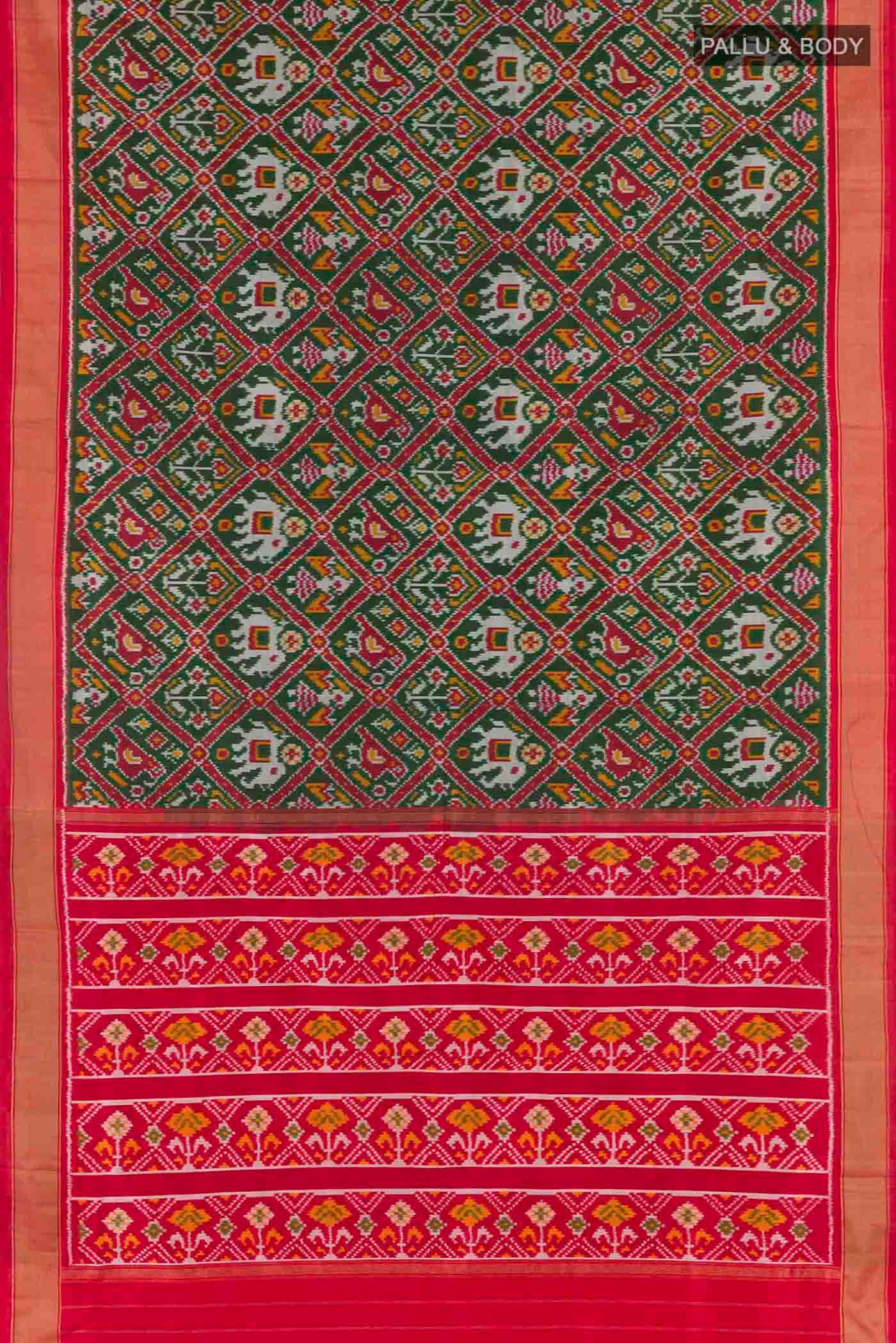 Flat view of Green Dual Tone Pochampally Silk Saree with Pure Ikat on the body and Zari Border