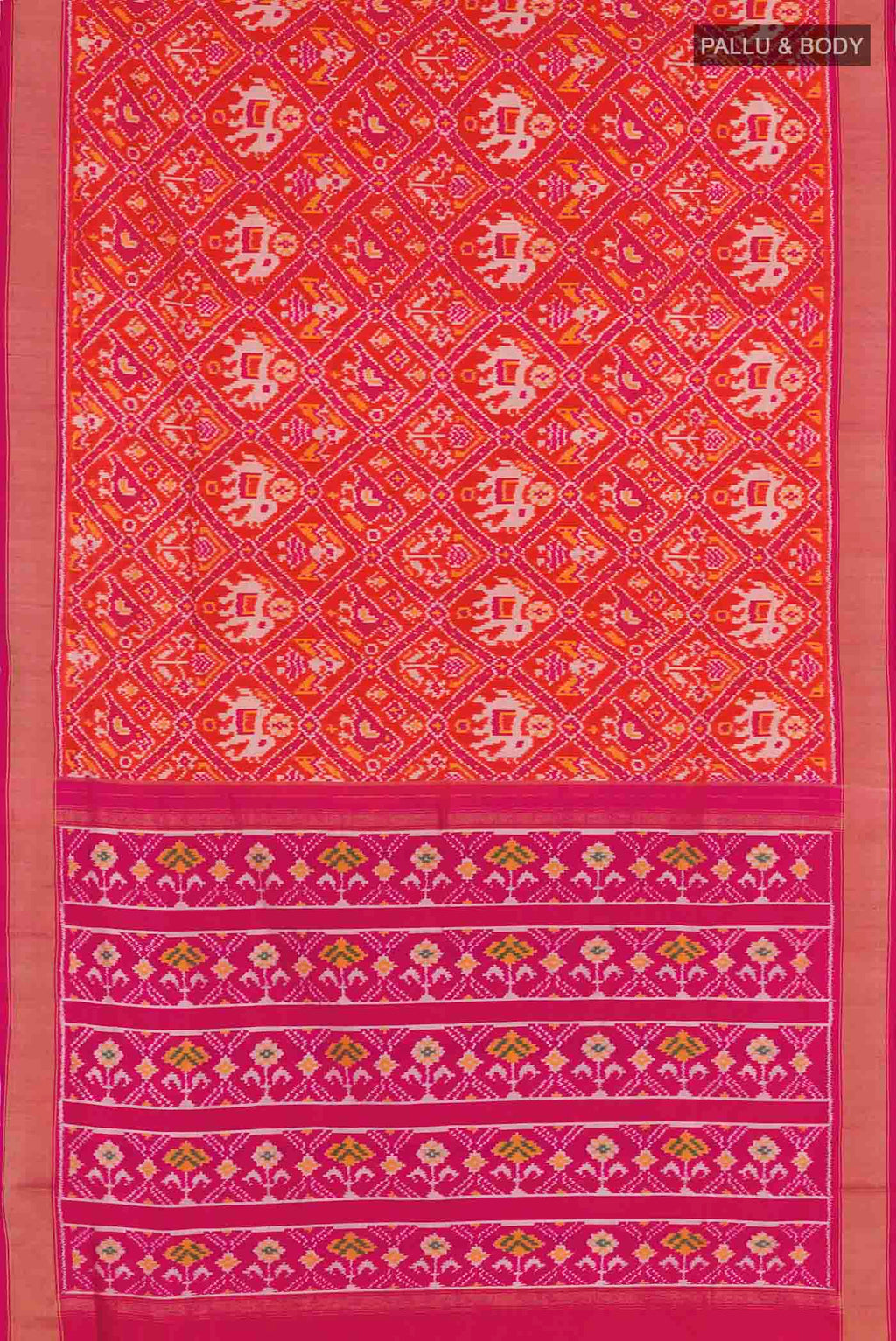 Flat view of Orange Pochampally Silk Saree with Pure Ikat on the body and Zari Border