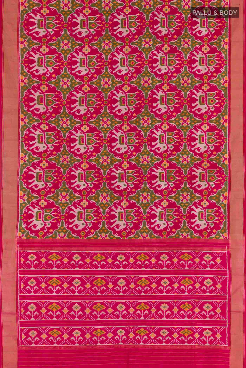 Flat view of Pink Pochampally Silk Saree with Pure Ikat on the body and Zari Border