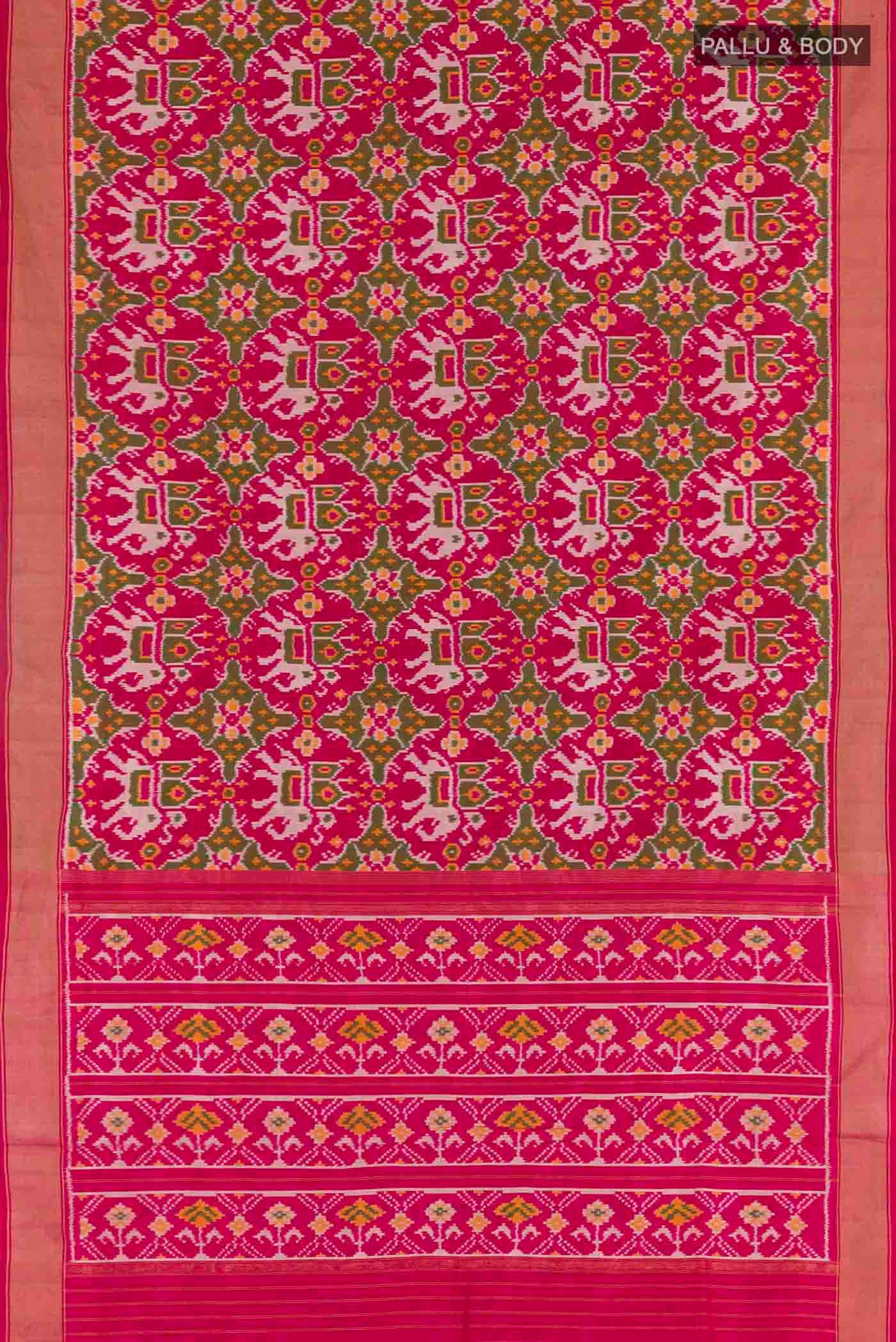 Flat view of Pink Pochampally Silk Saree with Pure Ikat on the body and Zari Border