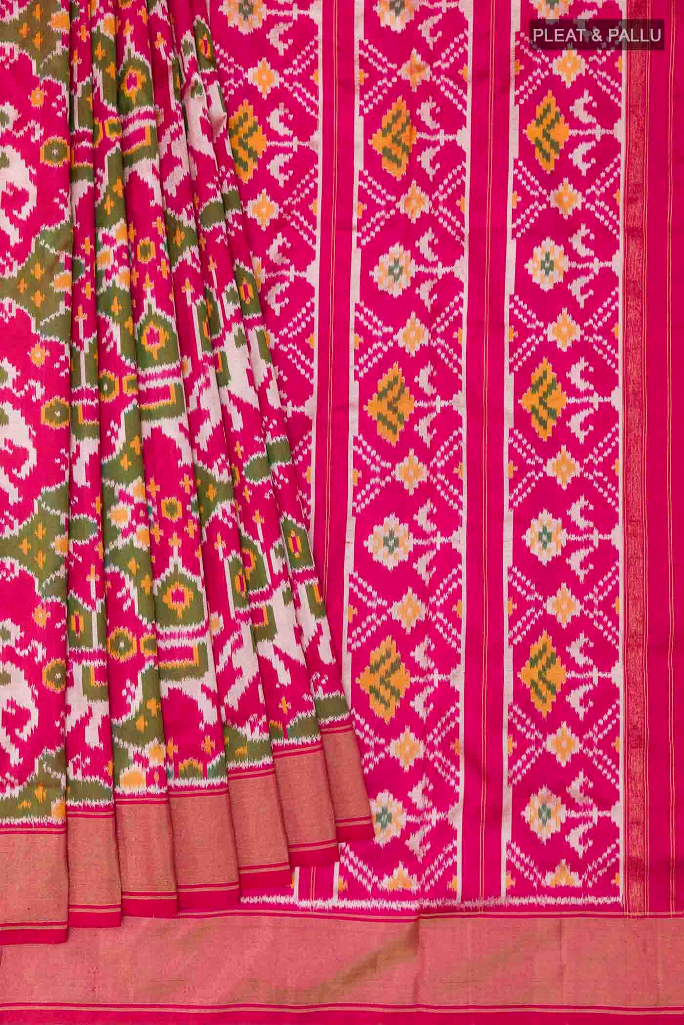 Pleats and pallu of Pink Pochampally Silk Saree with Pure Ikat on the body and Zari Border