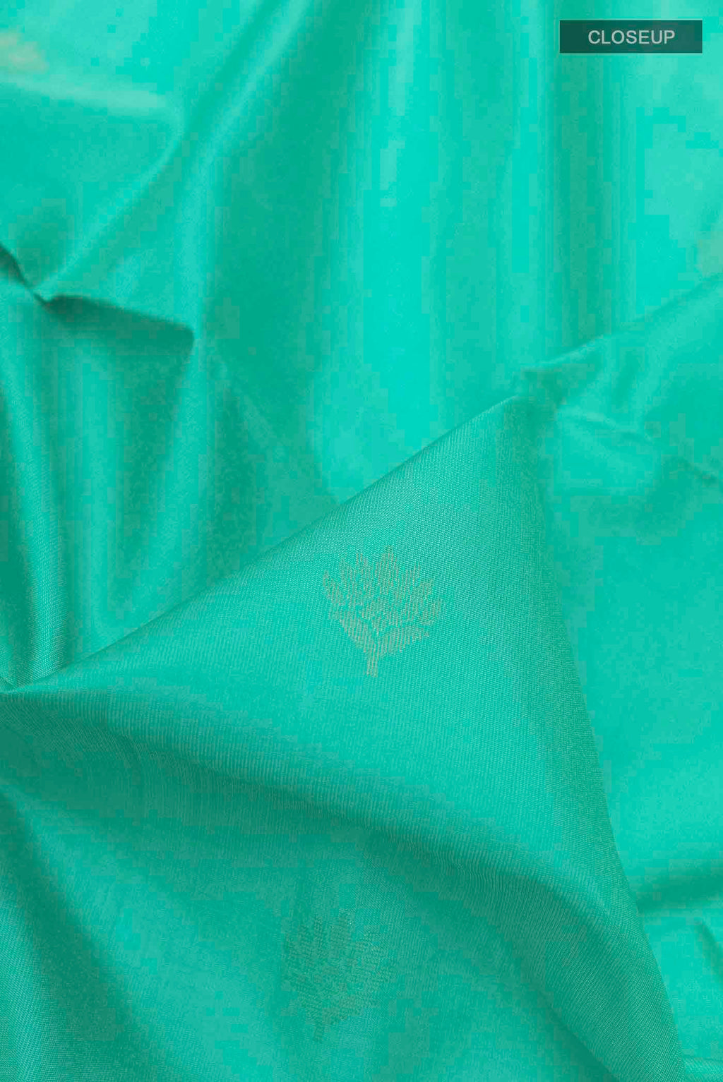 Close up of Sea Green Soft Silk Saree with Zari Butta on the body and Zari Border displaying folds