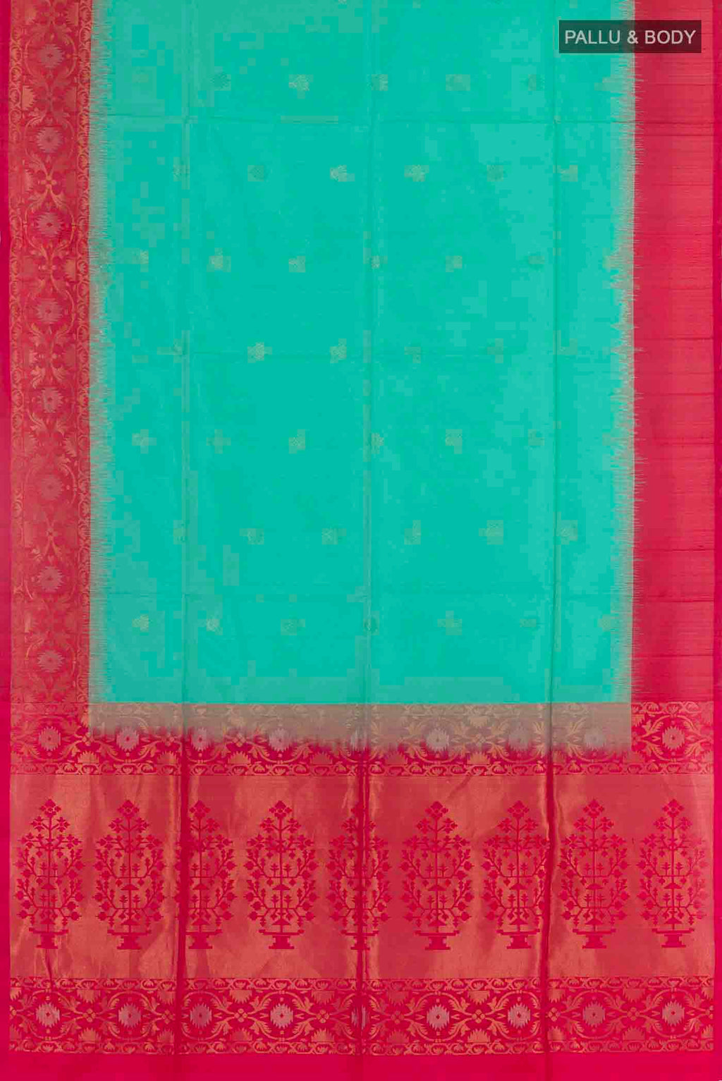 Flat view of Sea Green Soft Silk Saree with Zari Butta on the body and Zari Border