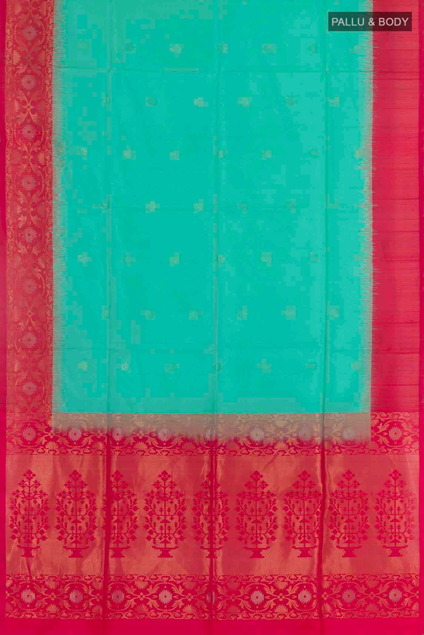 Flat view of Sea Green Soft Silk Saree with Zari Butta on the body and Zari Border