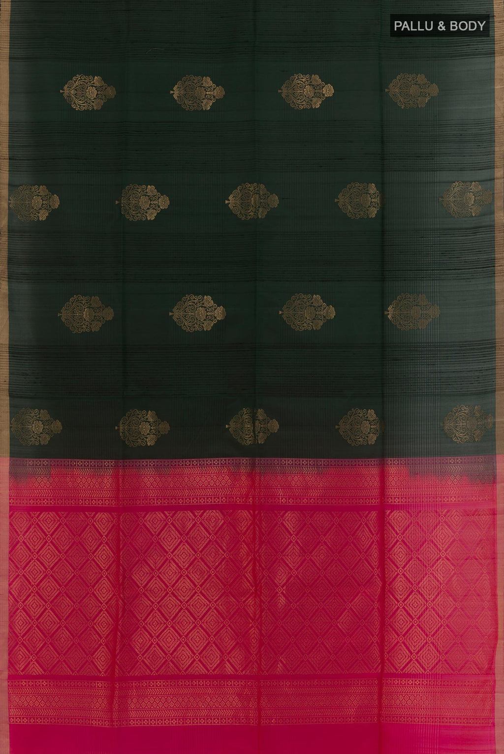 Flat view of Bottle Green Soft Silk Saree with Zari Butta on the body and Zari Border. 