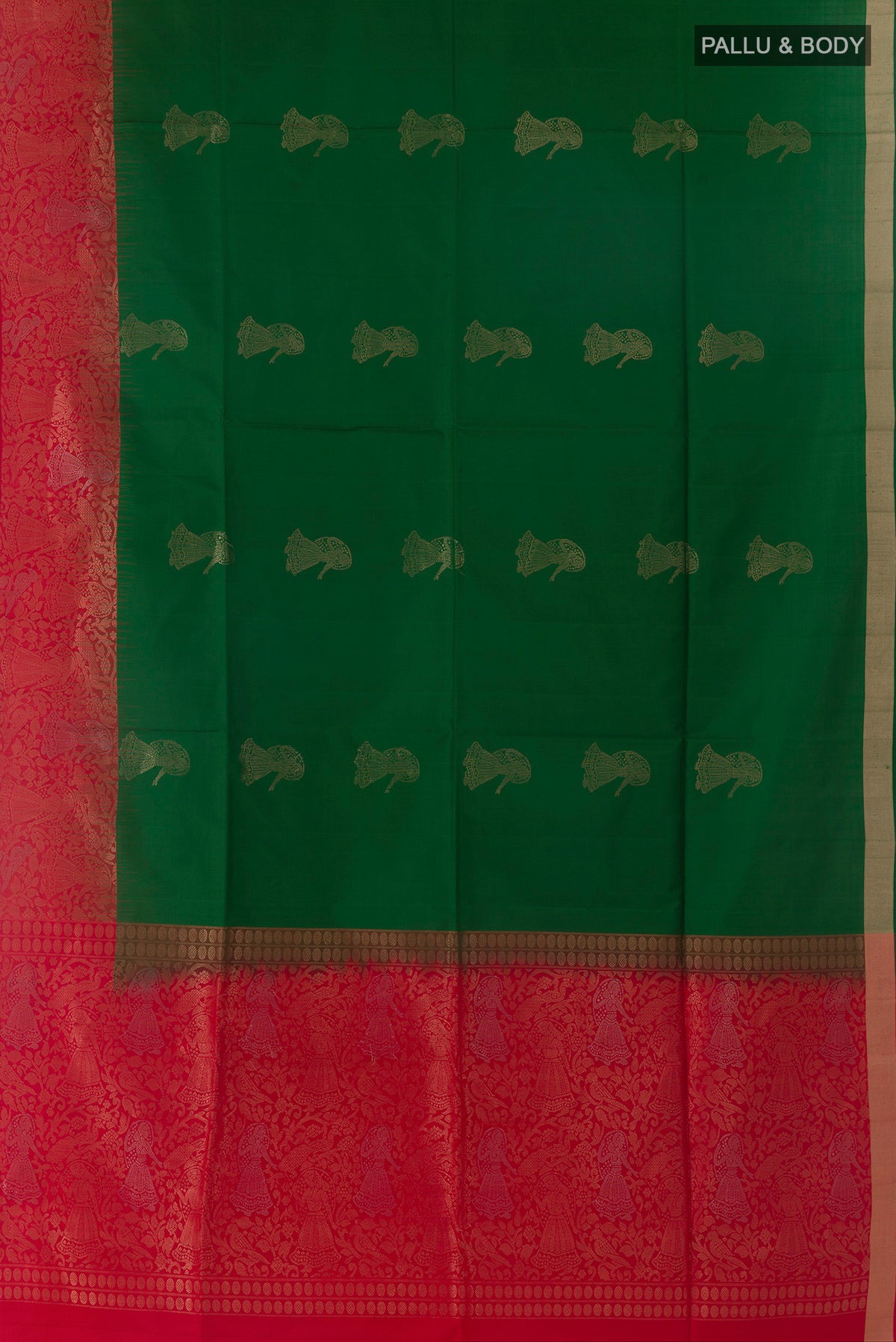 Flat view of Pure Silk Green Soft Saree with Zari Butta on the body and Zari Border. 