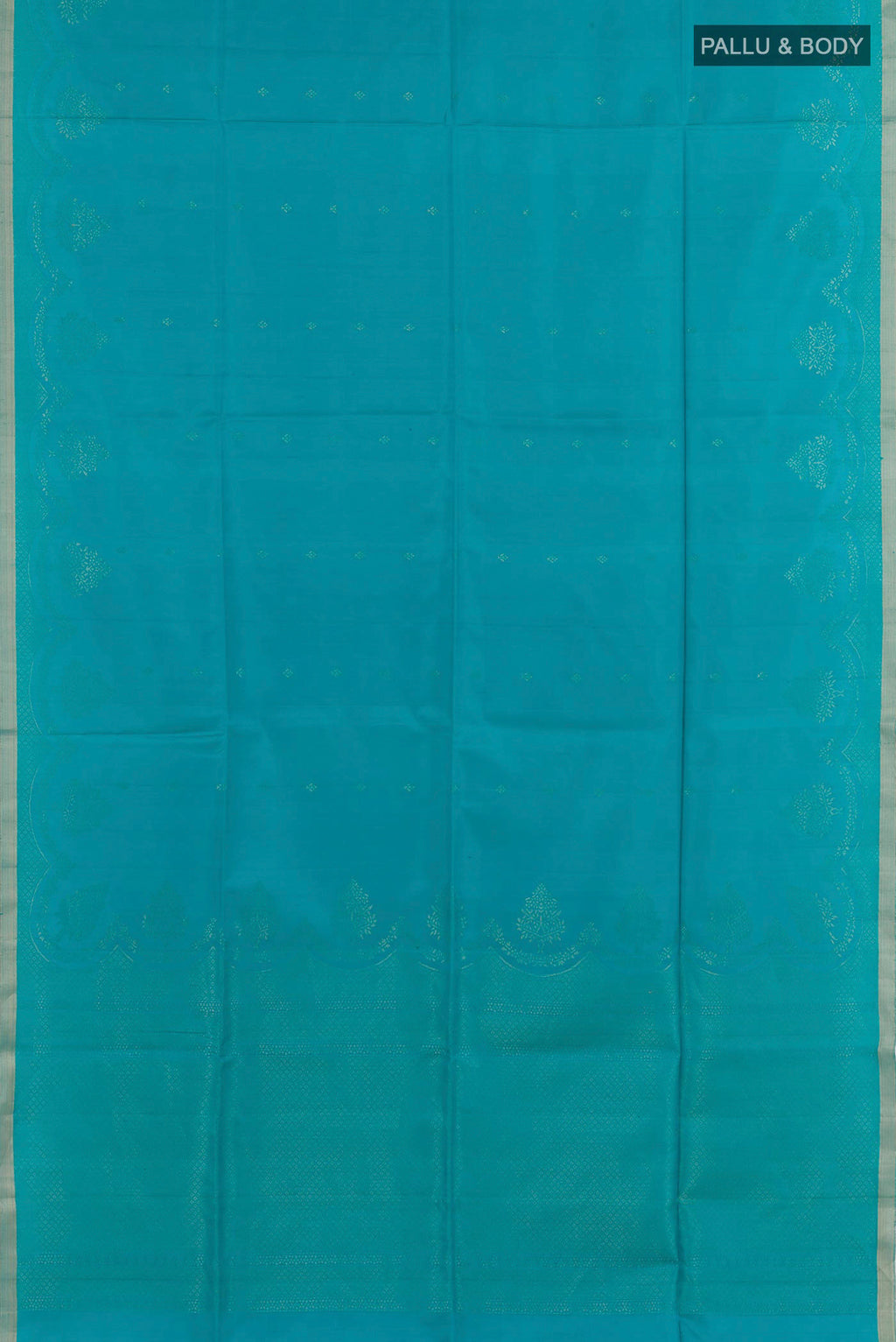 Flat view of Blue Soft Silk Saree with Zari Butta on the body and Zari Border. 