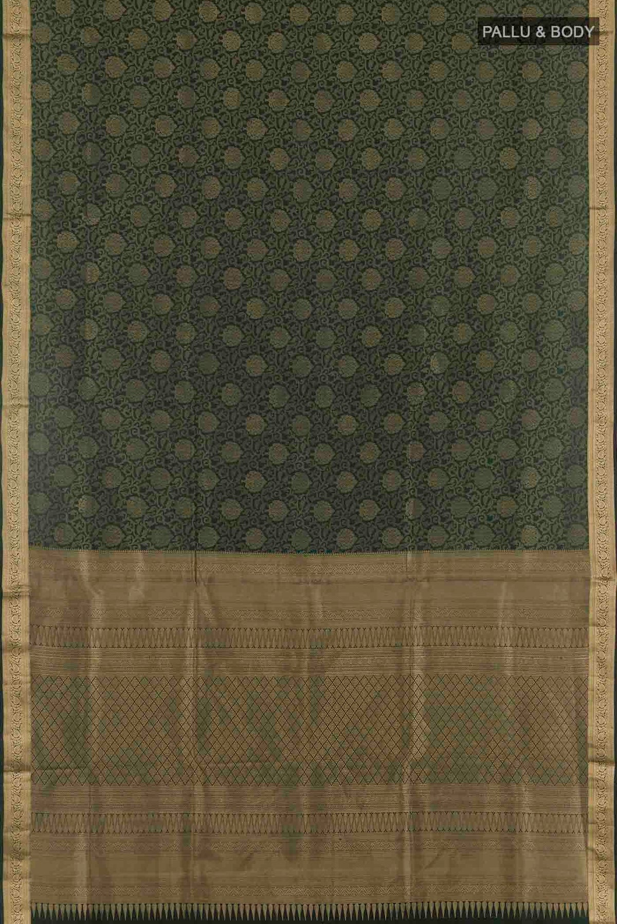 Flat view of Green Soft Silk Saree with Zari Brocade on the body and Zari Border
