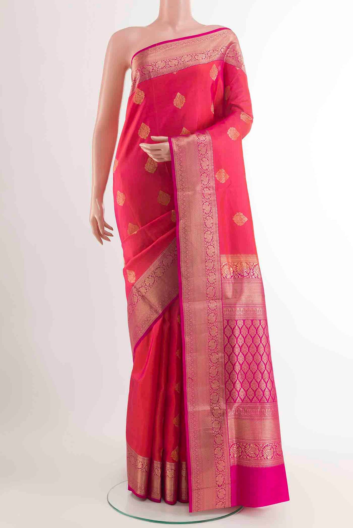 Pink Dual Tone Soft Silk Saree with Zari Butta on the body and Zari Border displayed on a mannequin