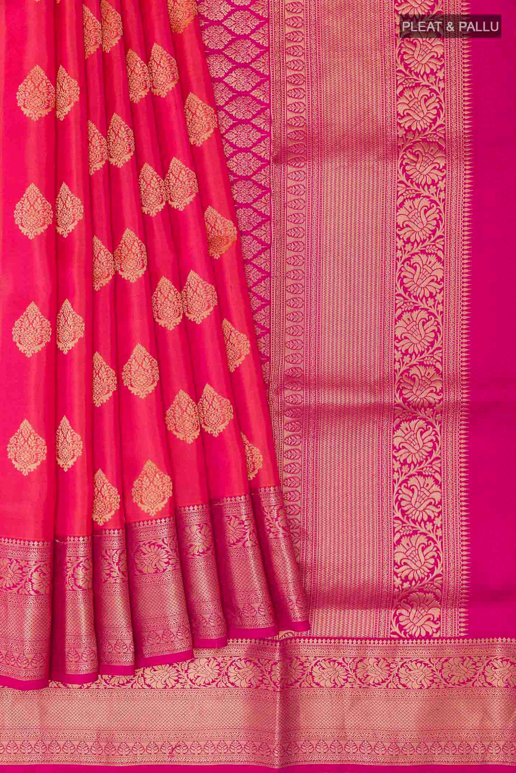 Pleats and pallu of Pink Dual Tone Soft Silk Saree with Zari Butta on the body and Zari Border